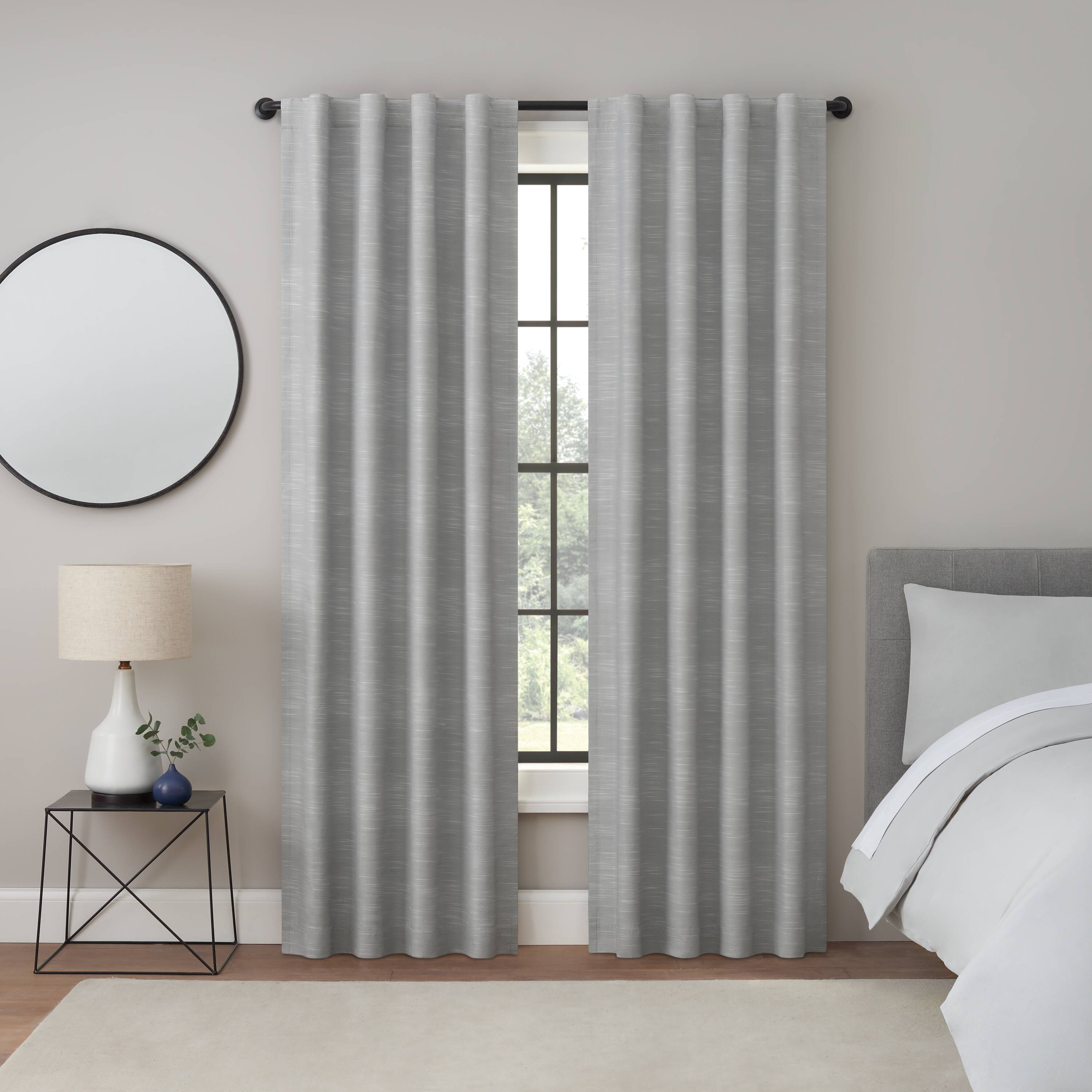 Eclipse 95 in. Pair of Grey Striped Blackout Back Tab Curtains