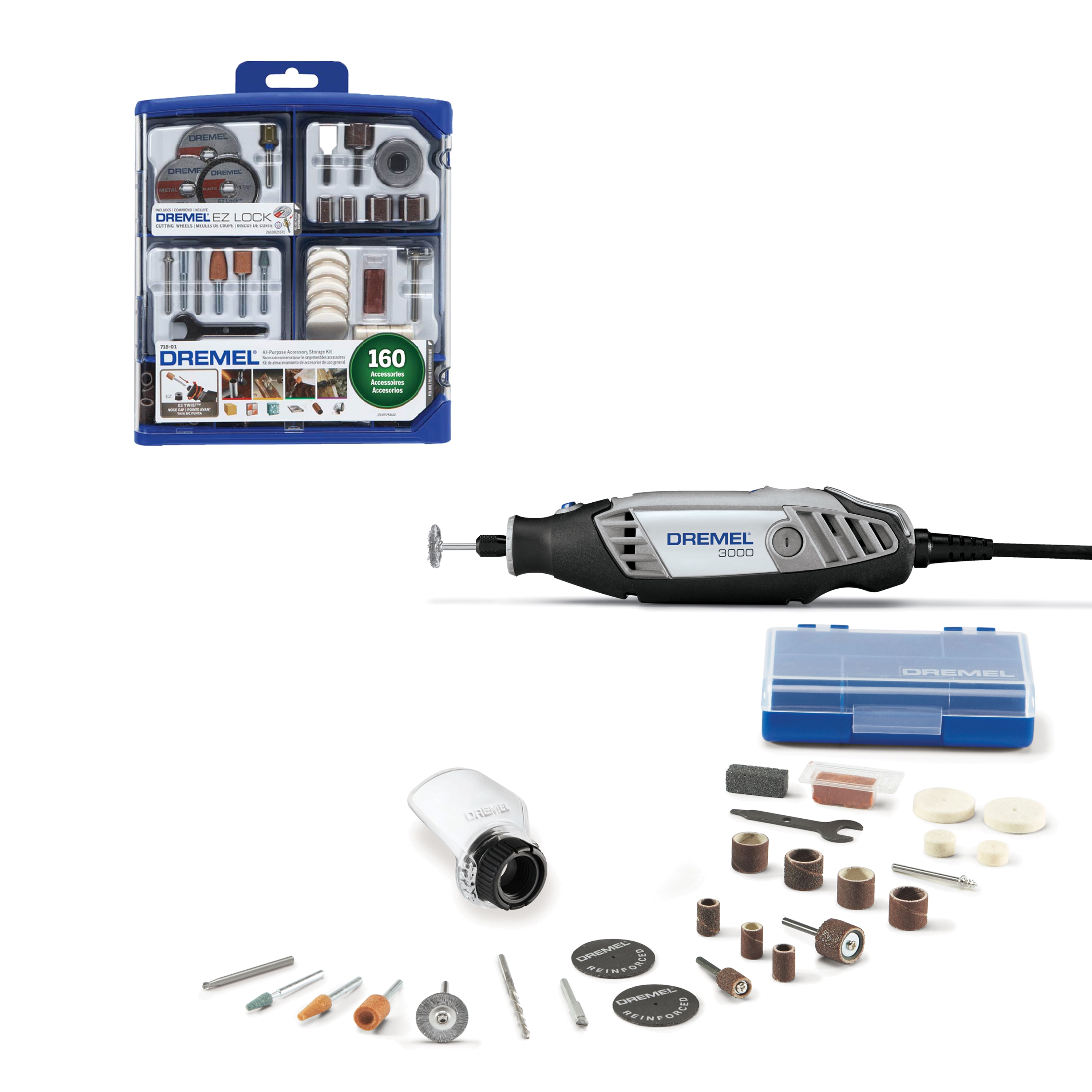 Shop Dremel 3000 Corded Variable Rotary Tool with 1 Attachment and 25 Accessories + 160-Piece Accessory Kit at Lowes.com