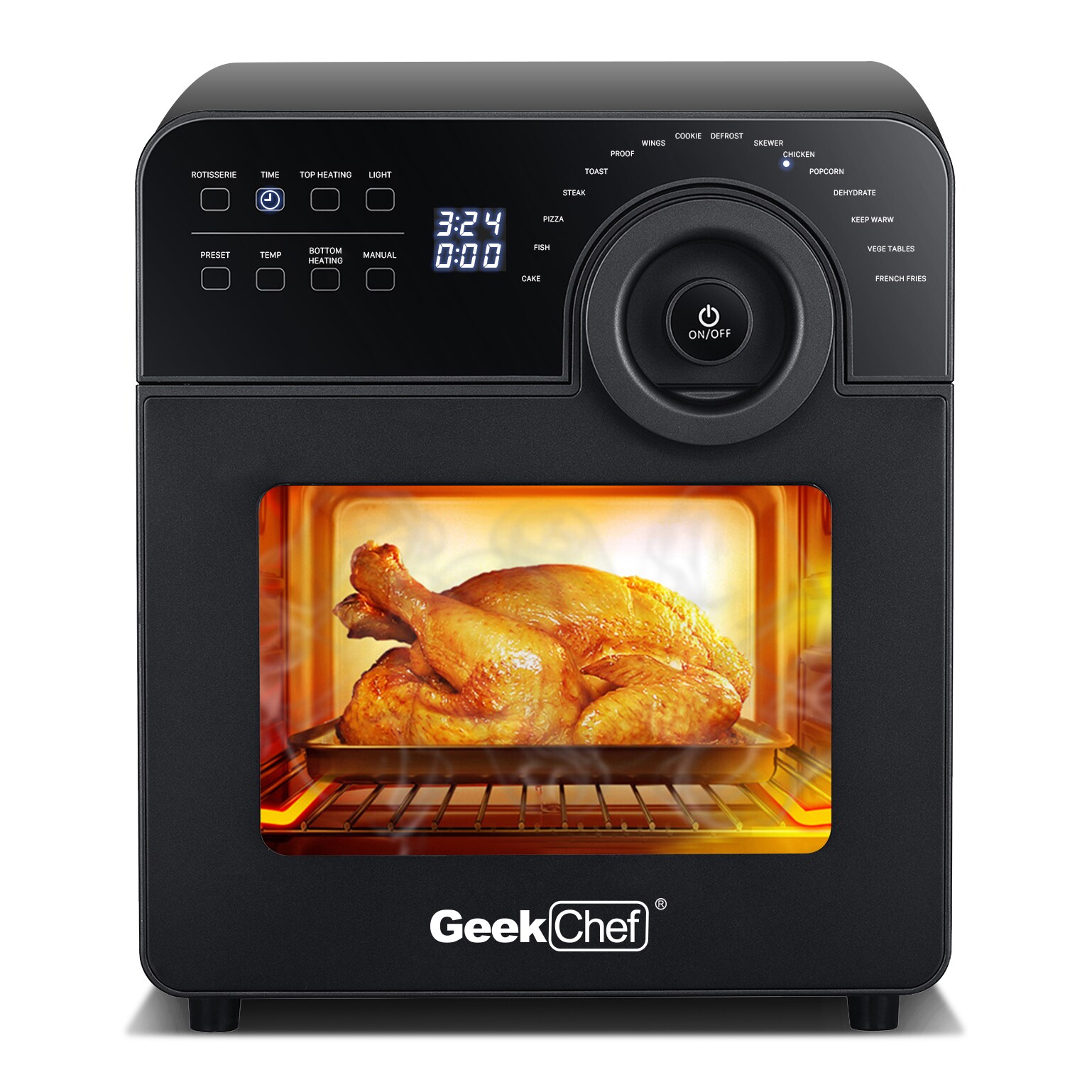 Geek Chef 24.5QT Air Fryer Toaster Oven 7-in-1 Large Airfryer Convection  Countertop Oven Combo Roast Bake Broil Reheat Fry Oil-Free Rotisserie  Dehydrator with Bake Tray Rack Basket Crumb Tray 1700W 