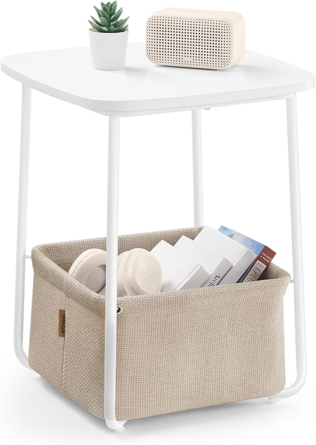 SONGMICS HOME LET229W10 Square Side Table with Fabric Basket – Modern Nightstand in Matte White and Camel Brown