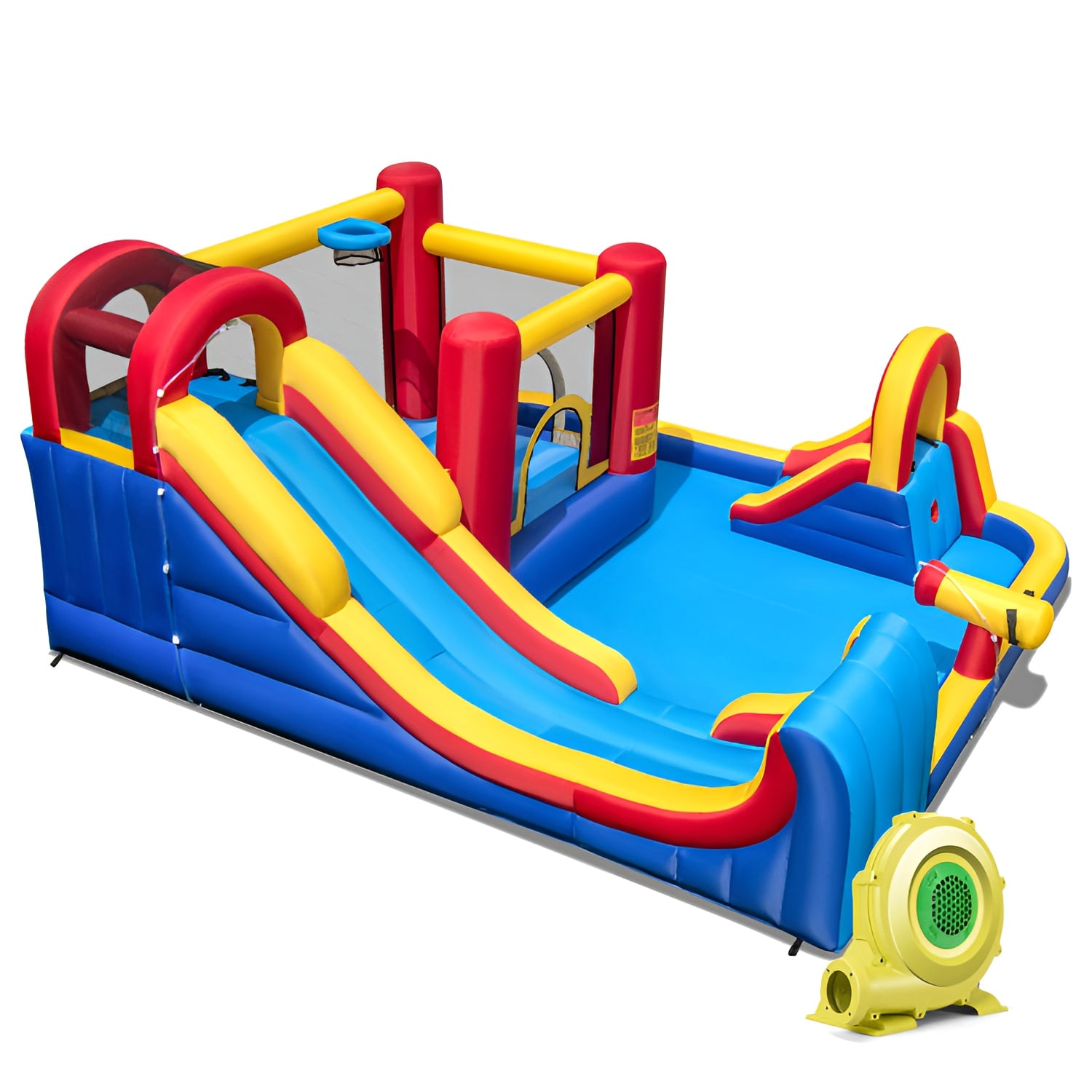 Slickblue D-CO-38642PE+68011PN 177 in. Oxford Cloth Inflatable Water Slide Bounce House with Dual Splash Pools and Blower ‚Äì Outdoor Use Multicolor