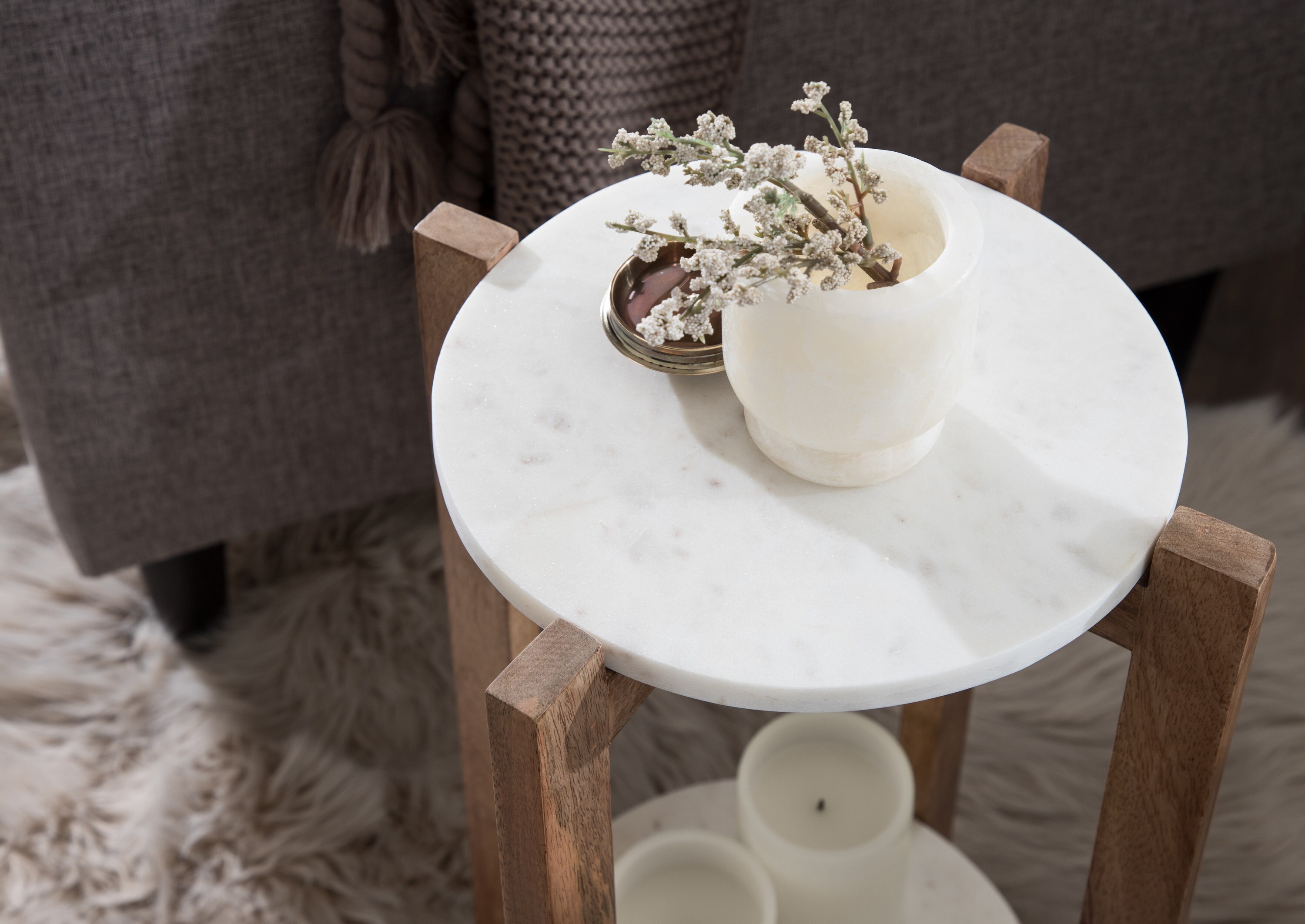 Natural Mango Wood and White Marble Round Two-Tier End Table