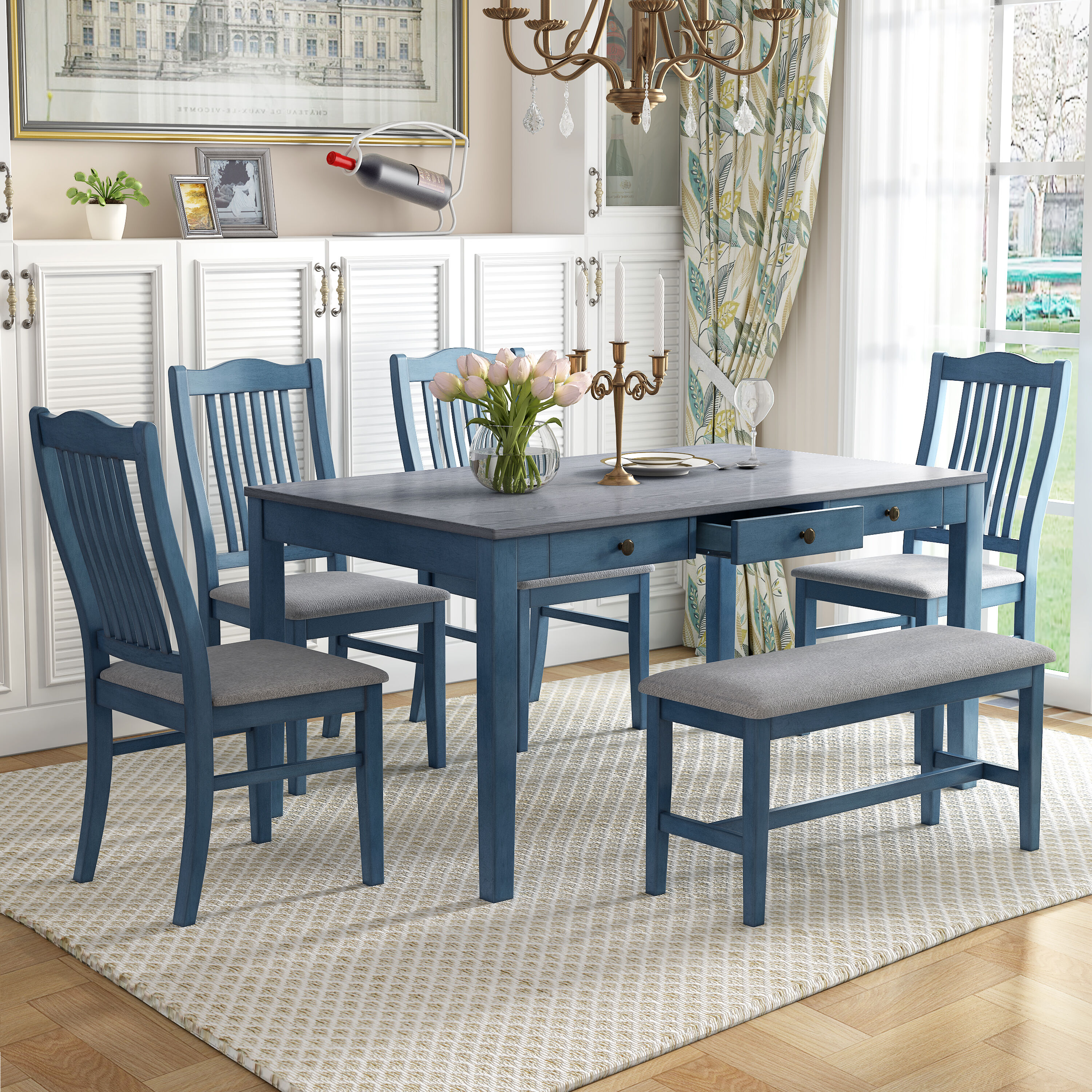 Mondawe MD-TP39AAD Antique Blue Contemporary/Modern Dining Room Set with Rectangular Table ( Seats 5 )
