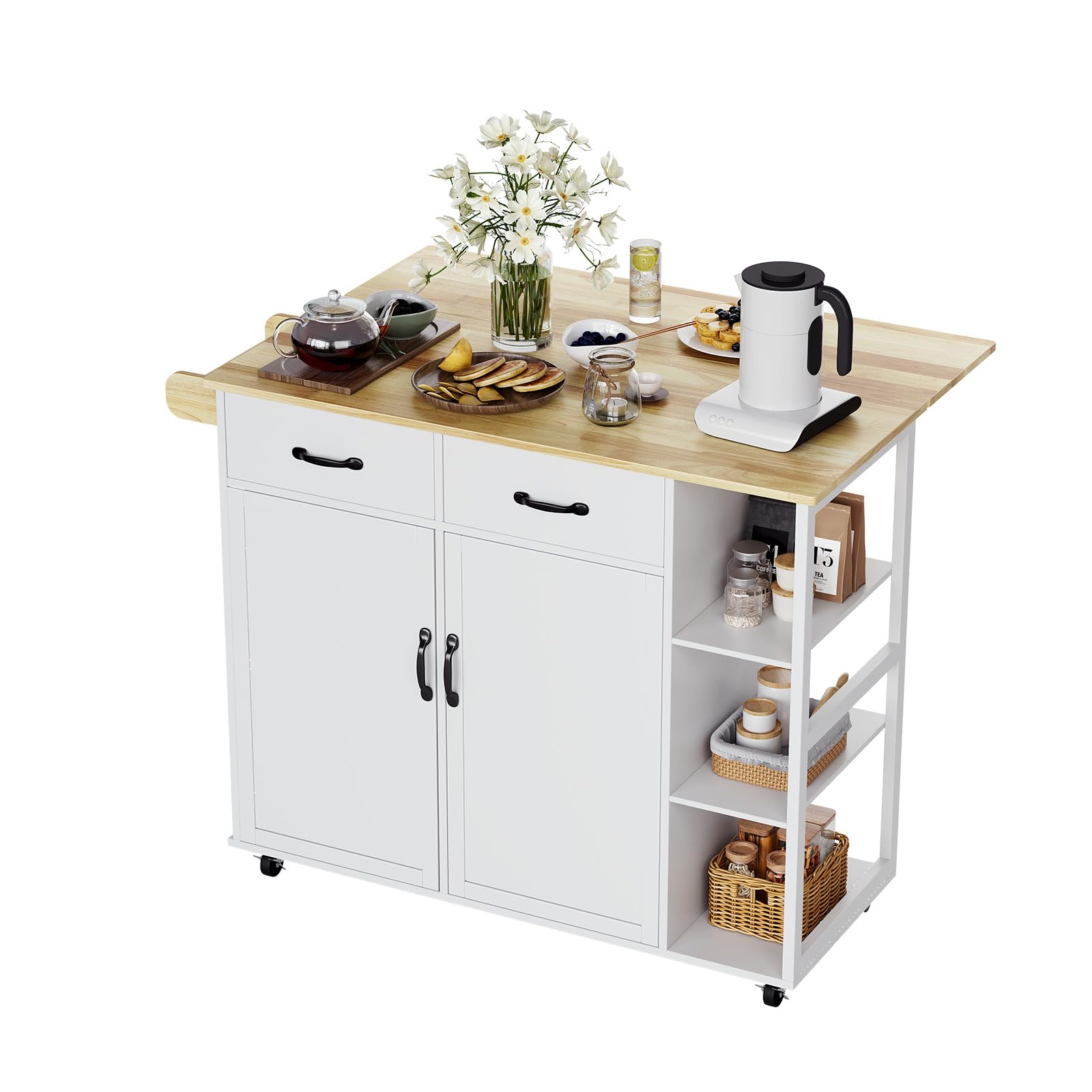 GarveeLife Rolling Kitchen Island Cart with Drop Leaf Storage Drawers ...