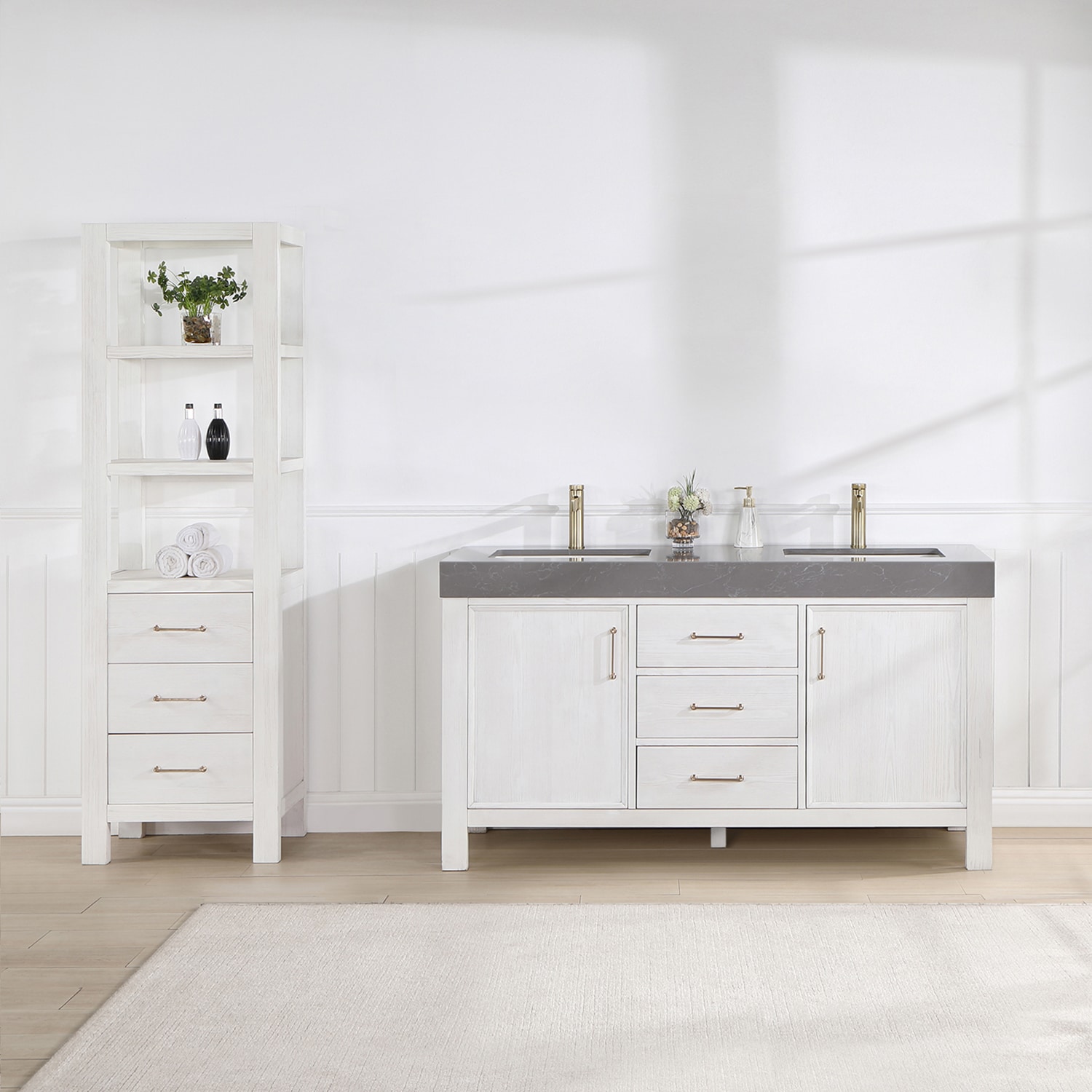 León 60-in Fir Wood White Finish Undermount Double Sink Bathroom Vanity with Reticulated Grey Engineered Stone Top | - Vinnova 703860M-FW-RG-NM