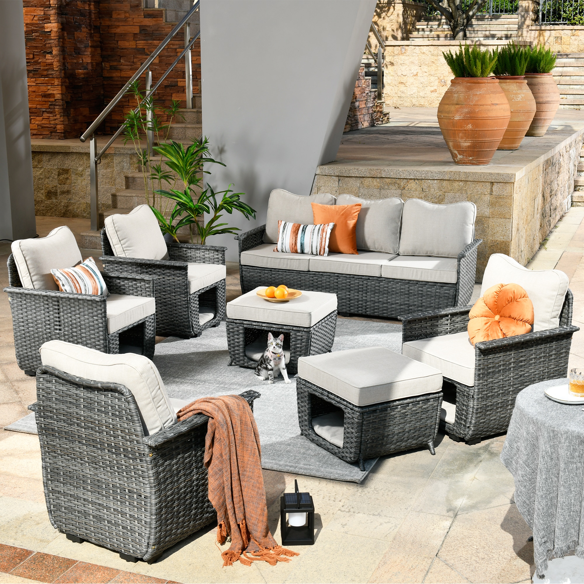 Pouuin SPET6007 7 -Piece Rattan Patio Sofa Conversation Set with Off-white Cushions