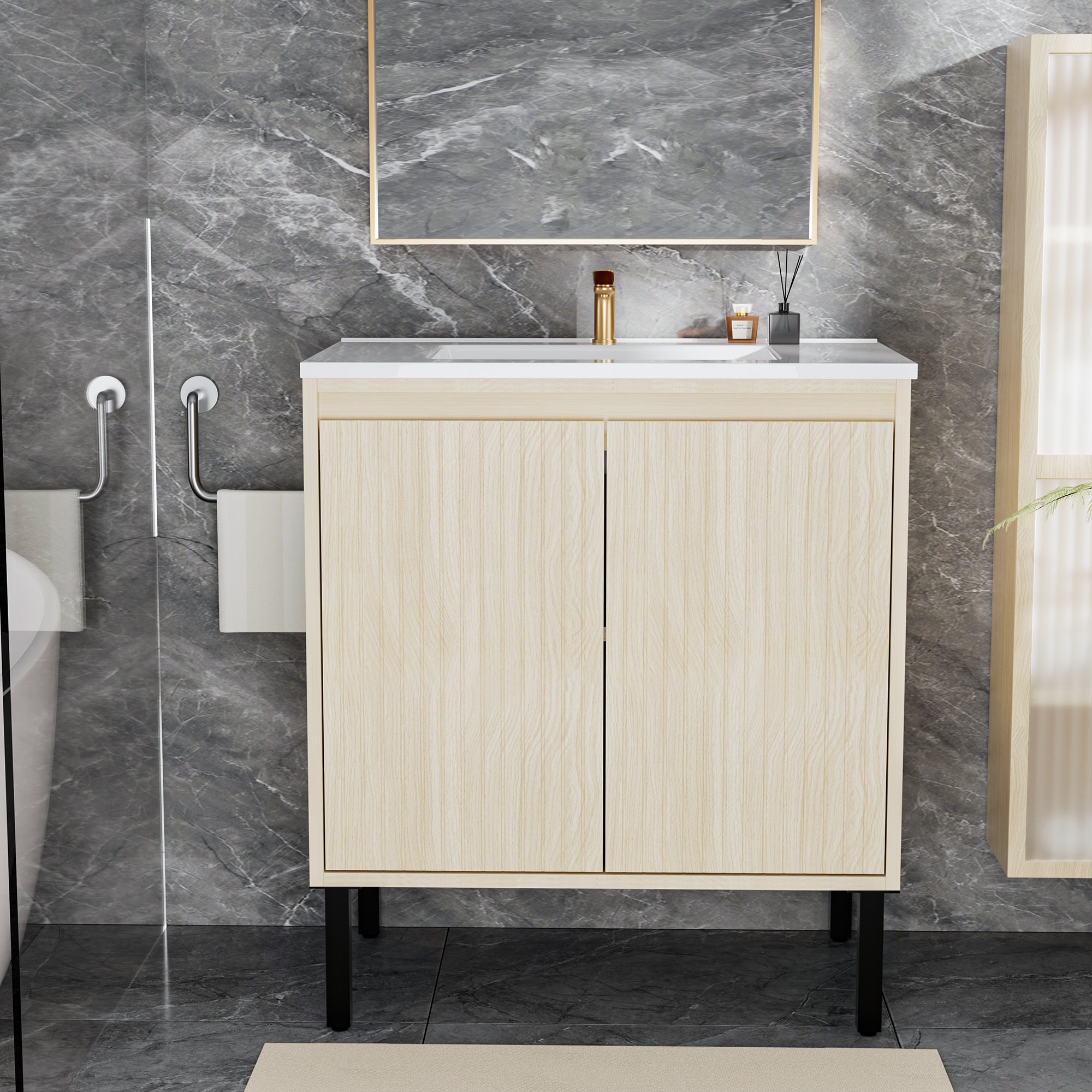 GDFStudio Modern 30 Inch Wood Floor Standing Bathroom Vanity with Ceramic Sink and Soft Closing Drawers Oak