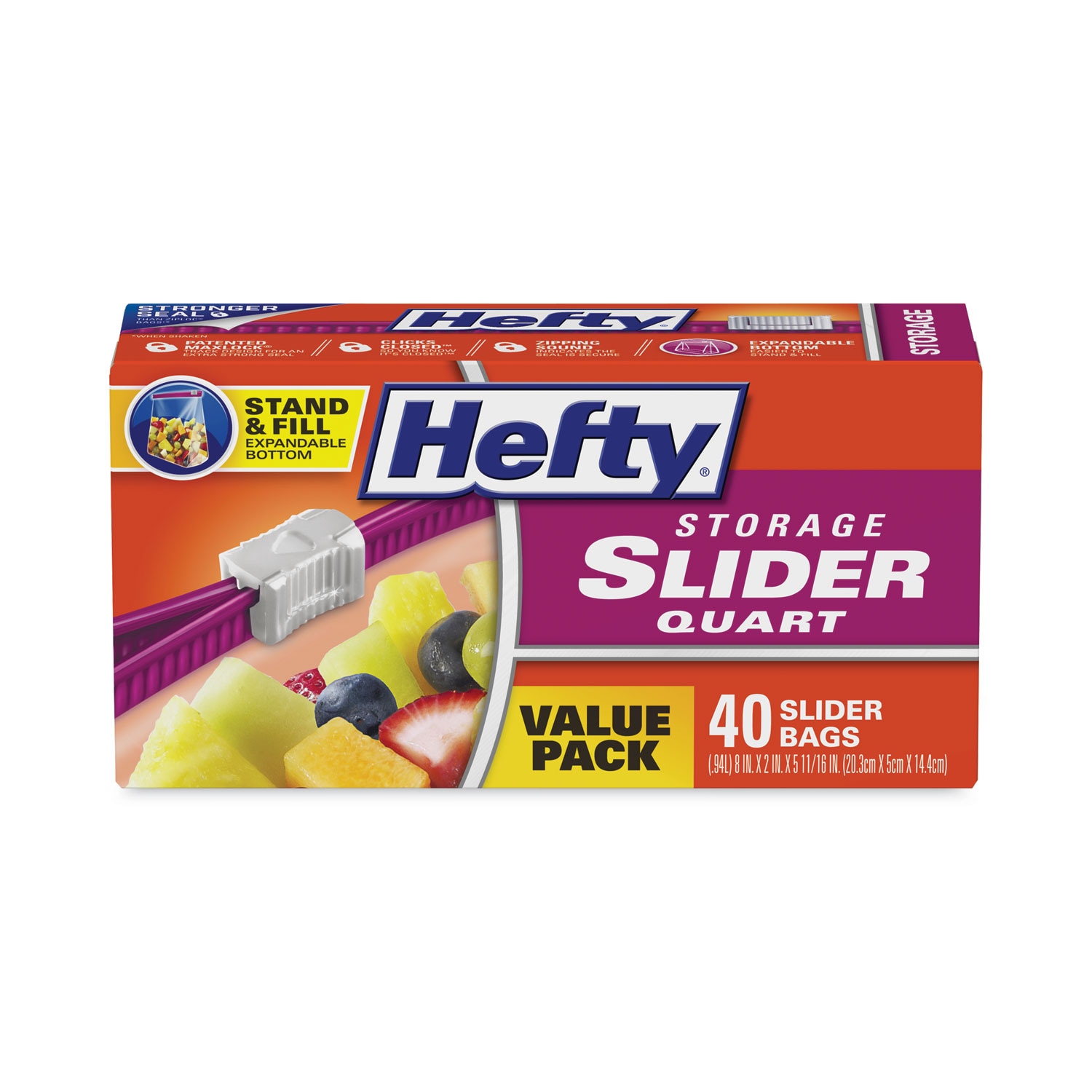 Hefty Slider Stand and Fill Food Storage Bags Quart 8 in x 7 in Clear 40/Box