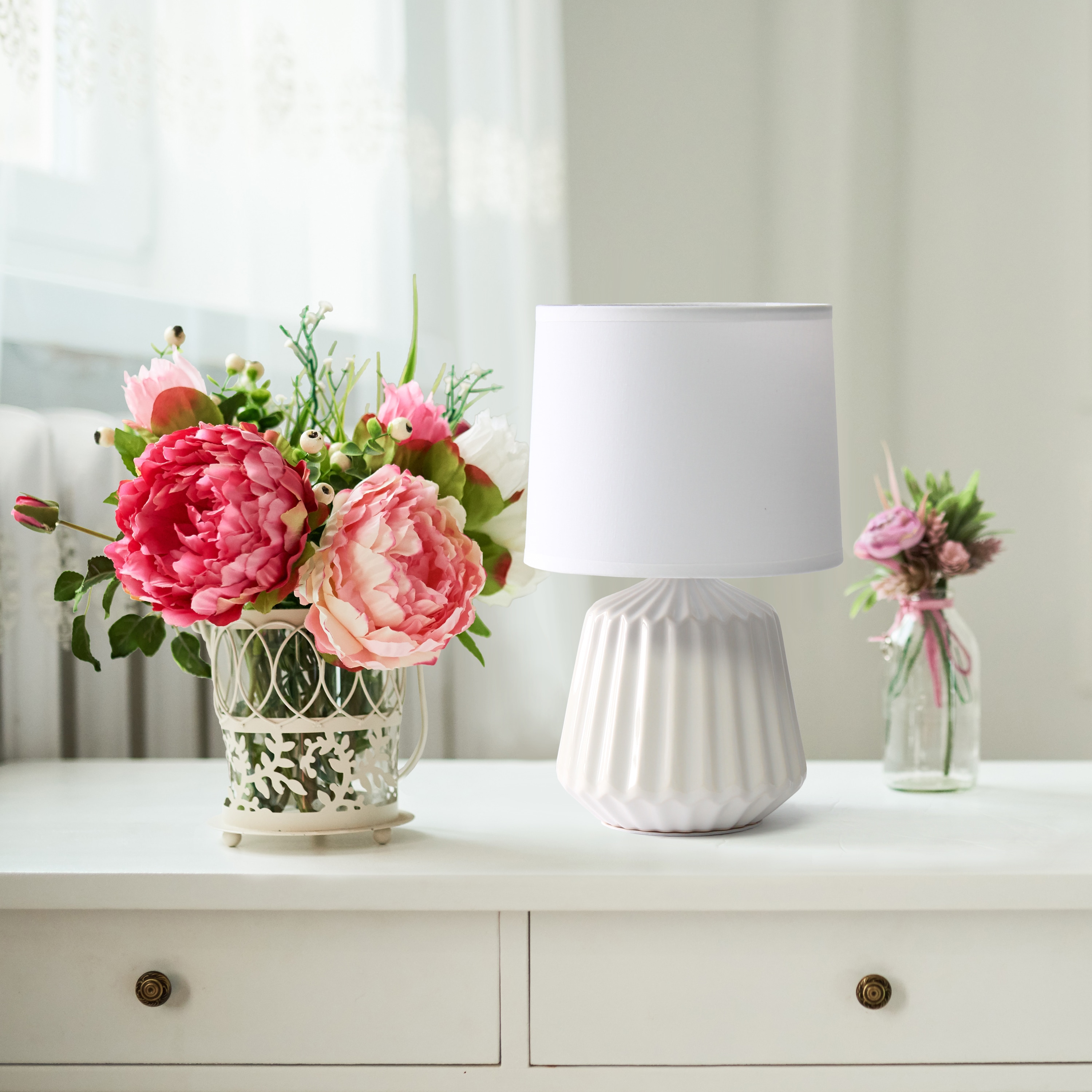 Petite White Ceramic Table Lamp with Pleated Base