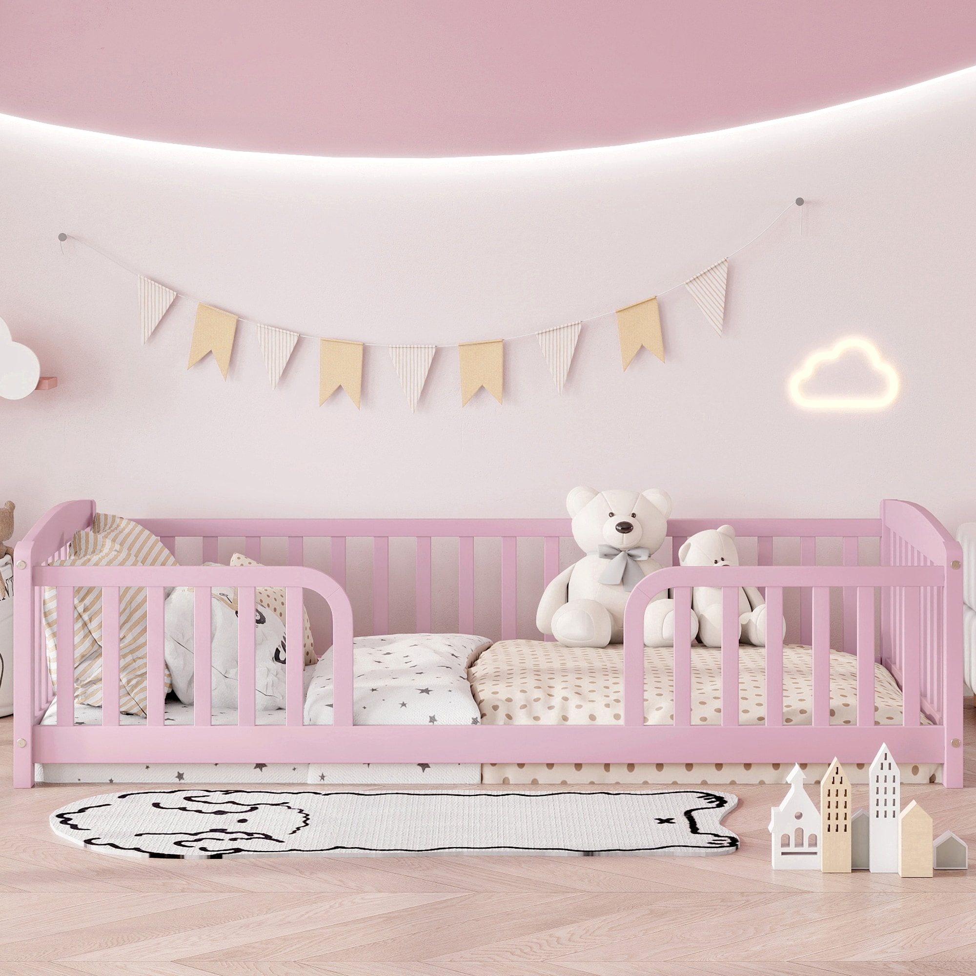 Bellemave Pink Twin Montessori Floor Bed for Kids Pine Wood Toddler Bed #XXFLOOR06320S30