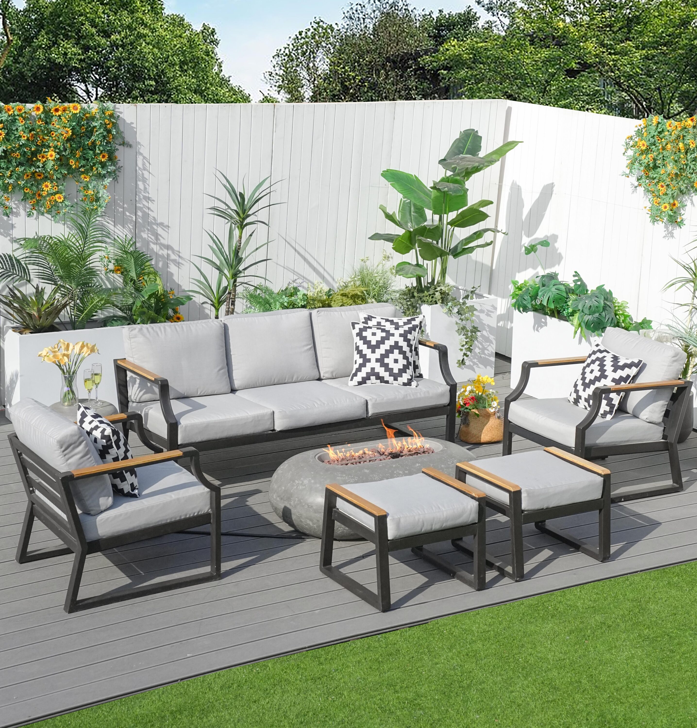 Direct Wicker DWG-24912G2101BK 7 -Piece Wicker 3 Patio Sofa Conversation Set with Gray Cushions