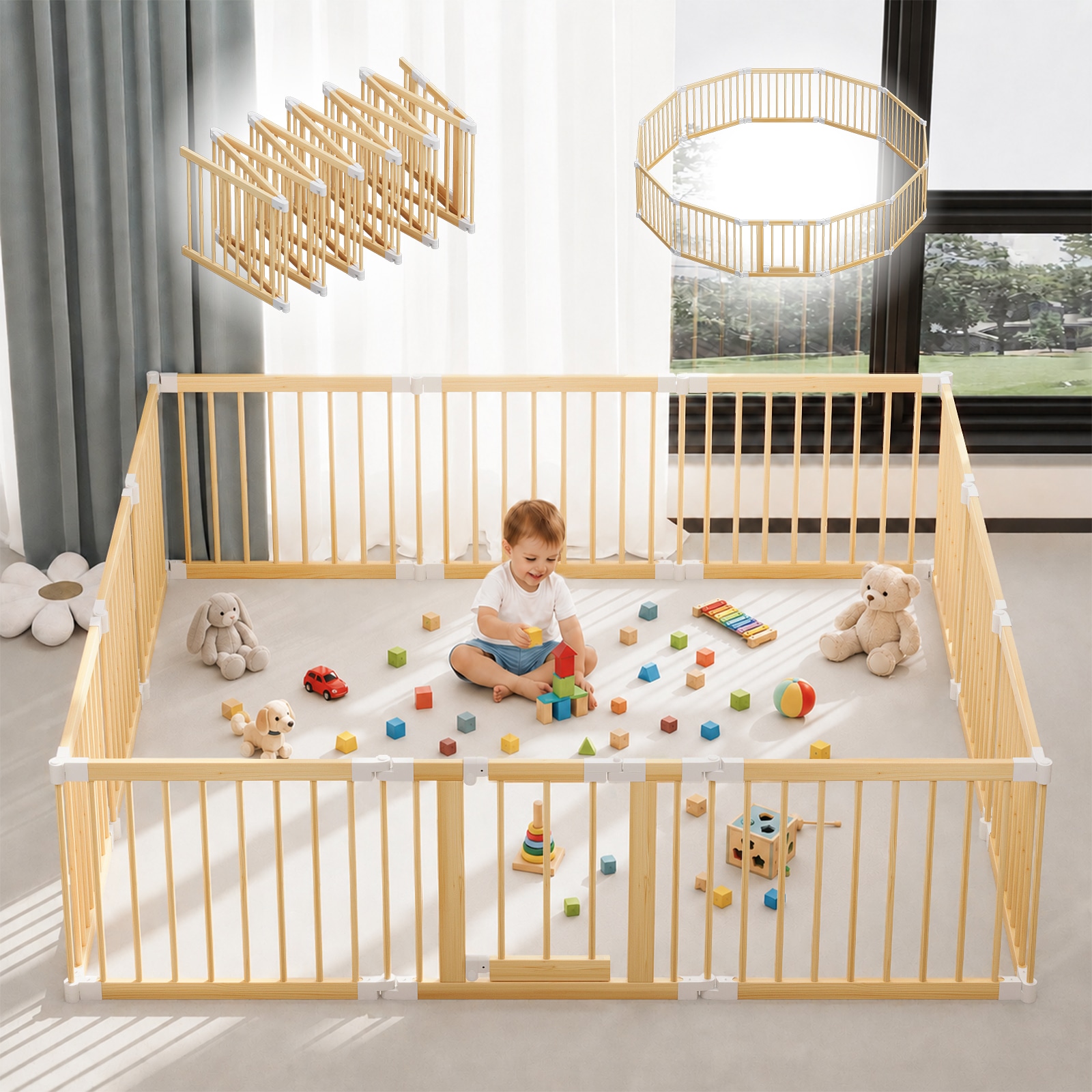 LOVMOR  12 Panel Foldable Wooden Baby Playpen Adjustable Multi-Shape Baby Play Yard with Child-Proof Lock - Easy Assembly 83 x 83 x 24 Inch
