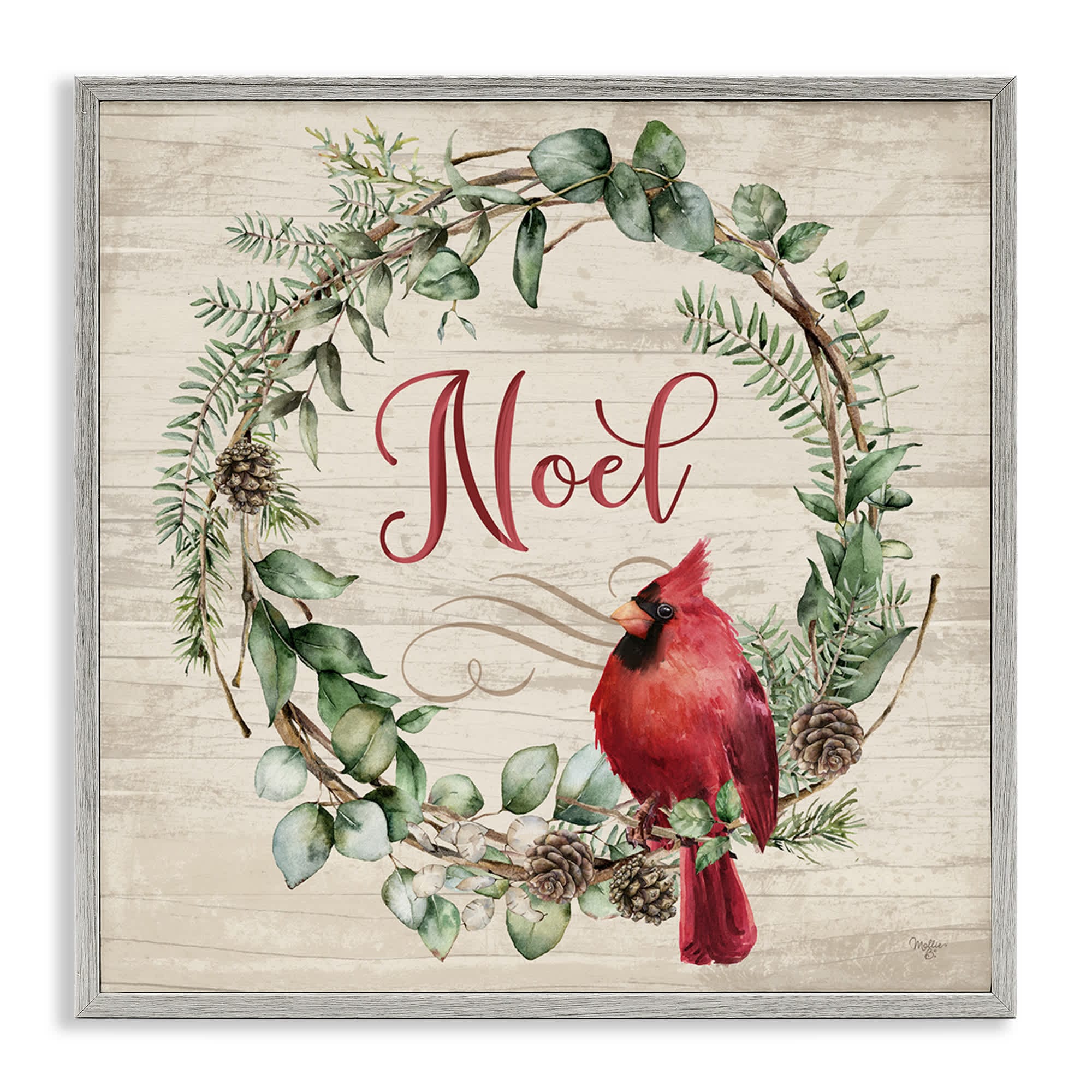 Stupell Industries BT-538-GFF-17X17 Noel Wreath with Cardinal Framed Giclee design by Mollie B.