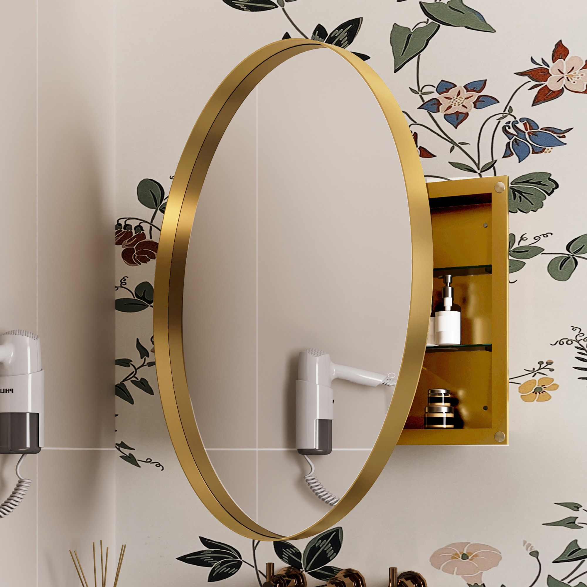 ExBrite FSMC31RMG 31.5-Inches x 31.5-Inches Surface Mount Matte Gold Mirrored Round Medicine Cabinet