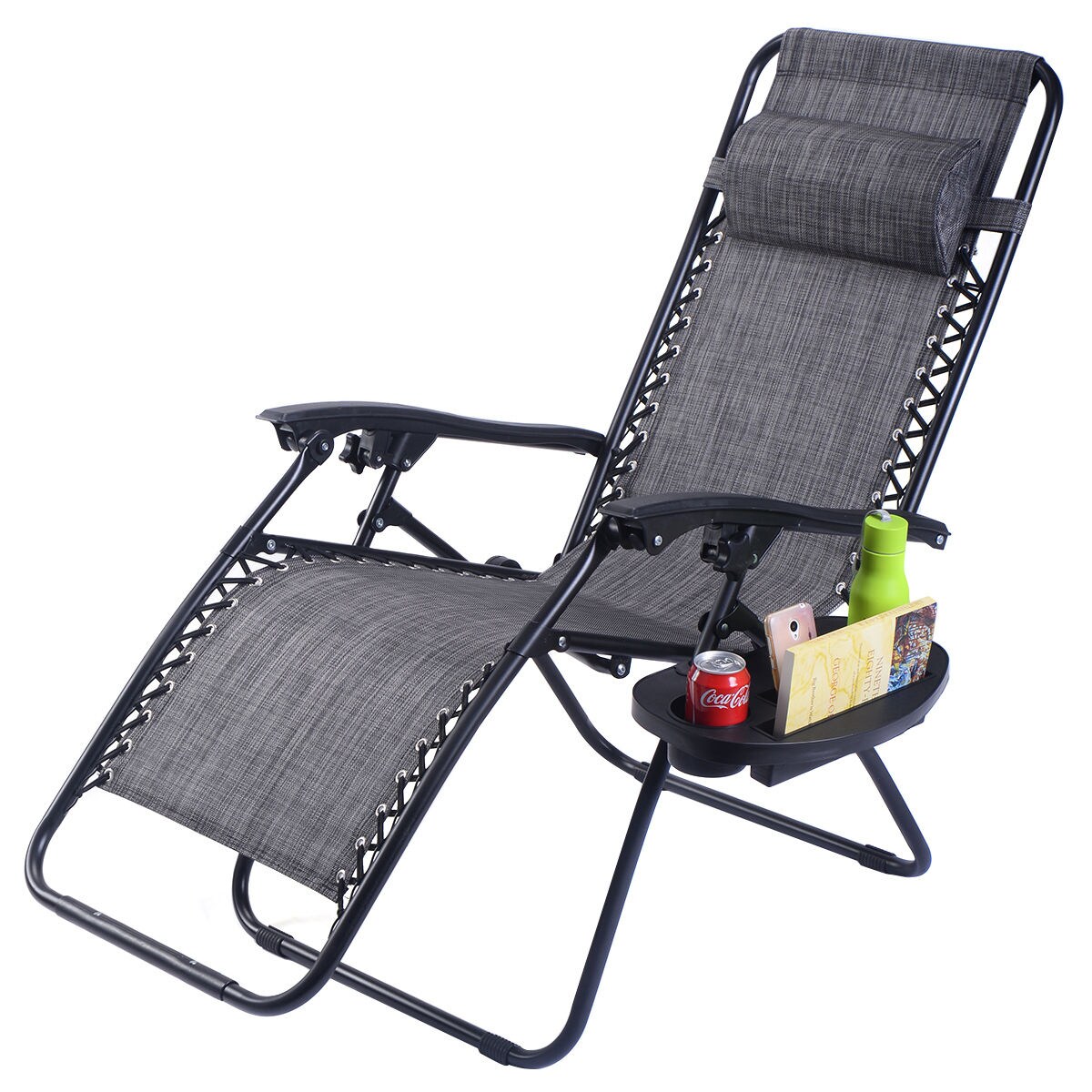 WELLFOR Zero Gravity Chairs Set of 2 Black Steel Frame Stationary Zero Gravity Chair with Gray Sling Seat