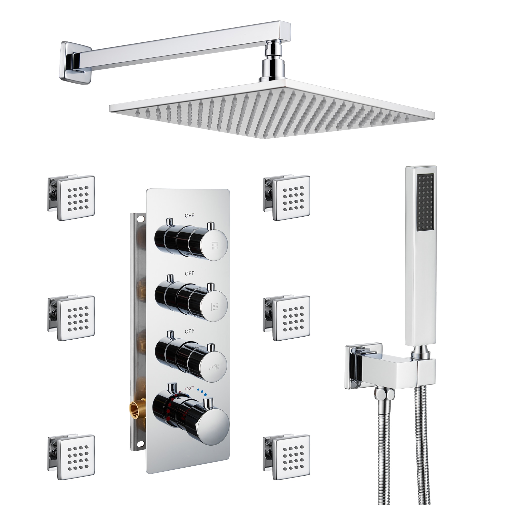 Mondawe WF6310-12CH-WM Chrome 12-in Built-In Shower Faucet System with 3-way Diverter ( Thermostatic Valve Included )