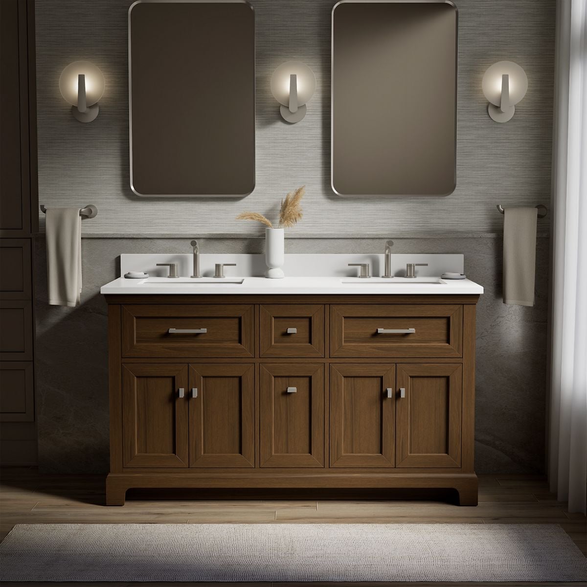 KOHLER 29263-BD1-DAK Charlemont 60-in Draper Oak Undermount Double Sink Bathroom Vanity with White Quartz Top