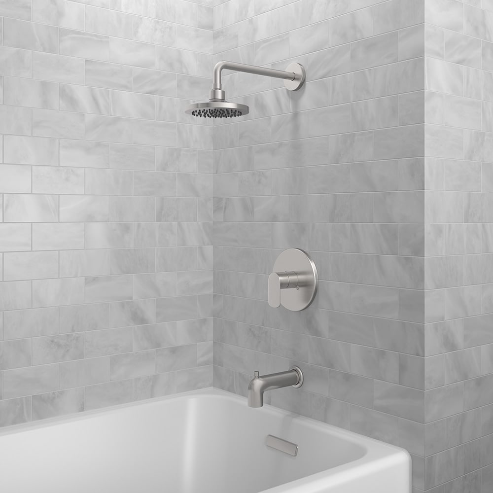allen + roth F121E412SP Candace Brushed Nickel 1-handle Single function 6.291-in Round Bathtub and shower Faucet with Valve