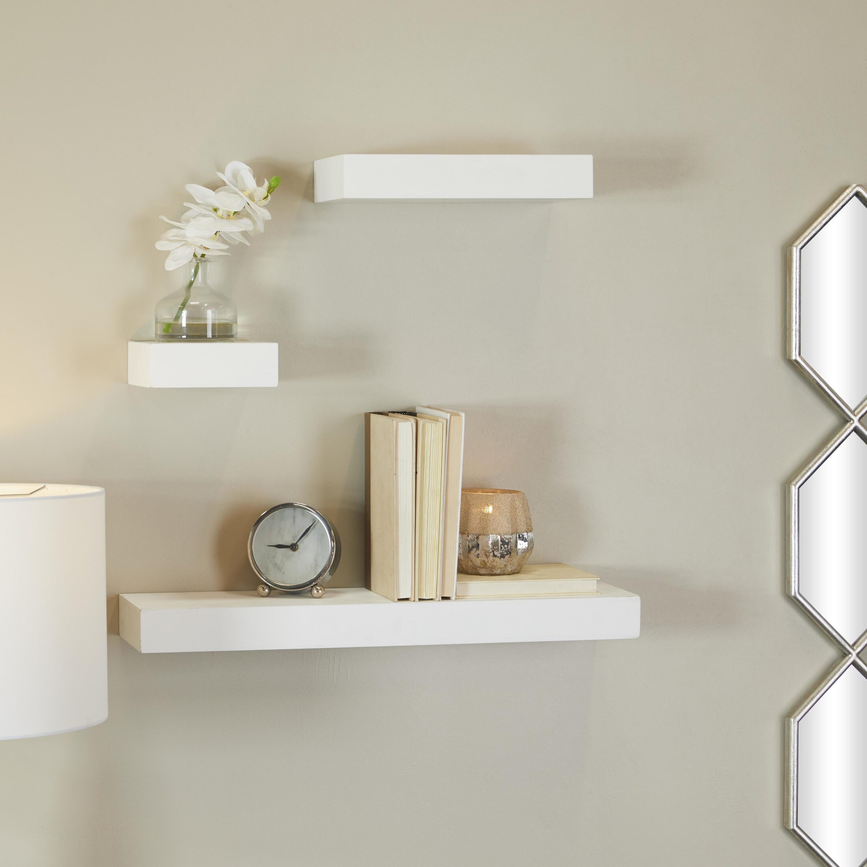 Grayson Lane 64902 24-Inches L x 6-Inches D x 2-Inches H White Modern 3 Shelves Wood Rectangular Floating shelf 3 Decorative Shelves