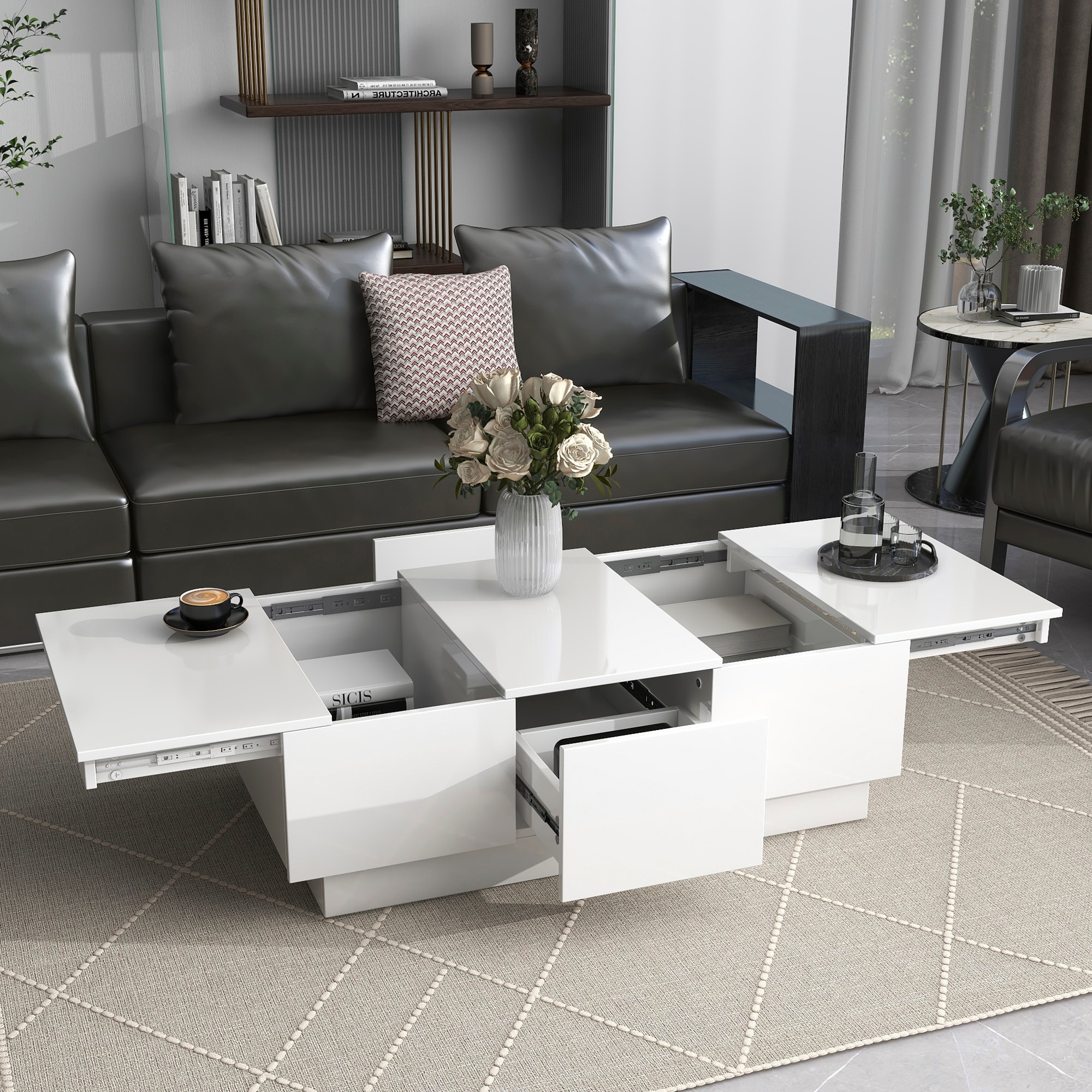 ModernLuxe WF303591AAK Coffee Table with 2 large Hidden Storage Compartment Extendable Cocktail Table with 2 Drawers Highgloss Center Table with Sliding Top for Living Room  White