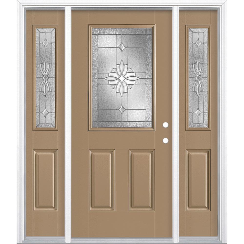 Masonite 997570 Laurel 64-in x 80-in Fiberglass Half Lite Left-Hand Inswing Warm Wheat Painted Single Front Door with Sidelights with Brickmould Insulating Core