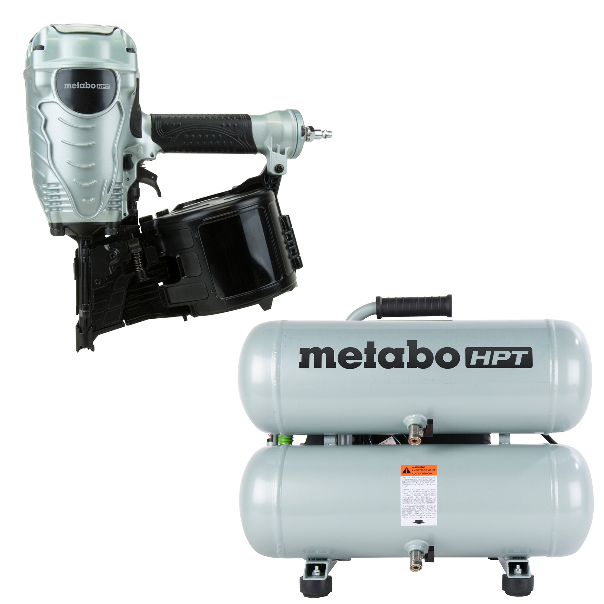 Metabo HPT 15-Degree Pneumatic Framing Nailer with 4-Gallon Single Stage Portable Electric Twin Stack Air Compressor