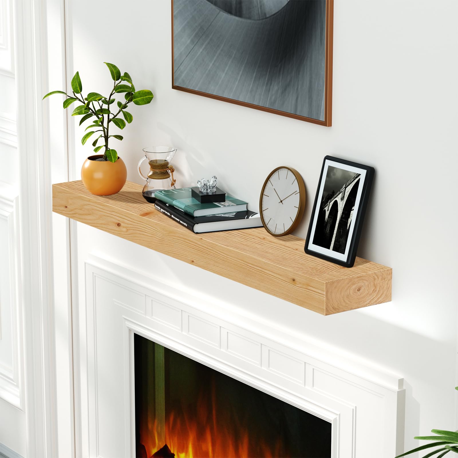 LUXEYARD 48 inch Wood Floating Fireplace Shelves Wall Mounted Clear Varnished 48inch x8inch x3inch