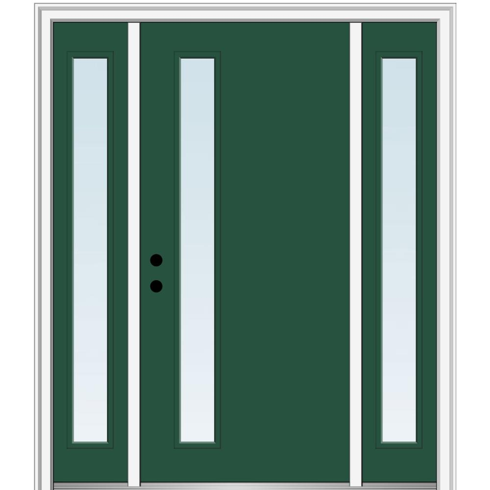 MMI DOOR ZZ345823R Spotlights 64-in x 80-in x 4-9/16-in Fiberglass Pulse lite Right-hand inswing Hunter Green Painted Prehung Front Door with Sidelights with Brickmould Insulating core