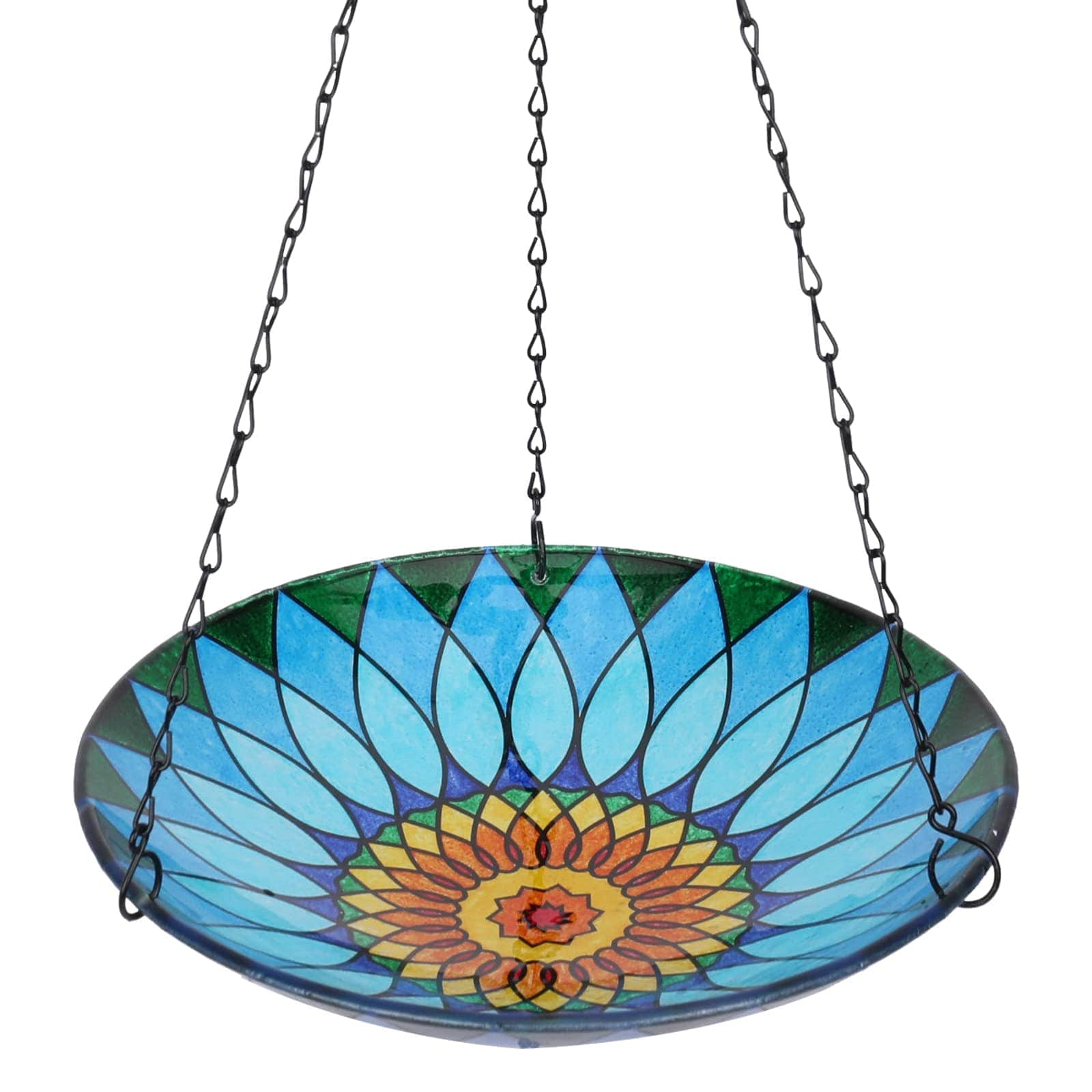 Aoibox  1 Piece 12 Inch Glass Hanging Bird Bath Bowl Outdoor Bird Feeder for Garden Yard Patio Durable Rustproof Chain Easy Clean Kaleidoscope Design