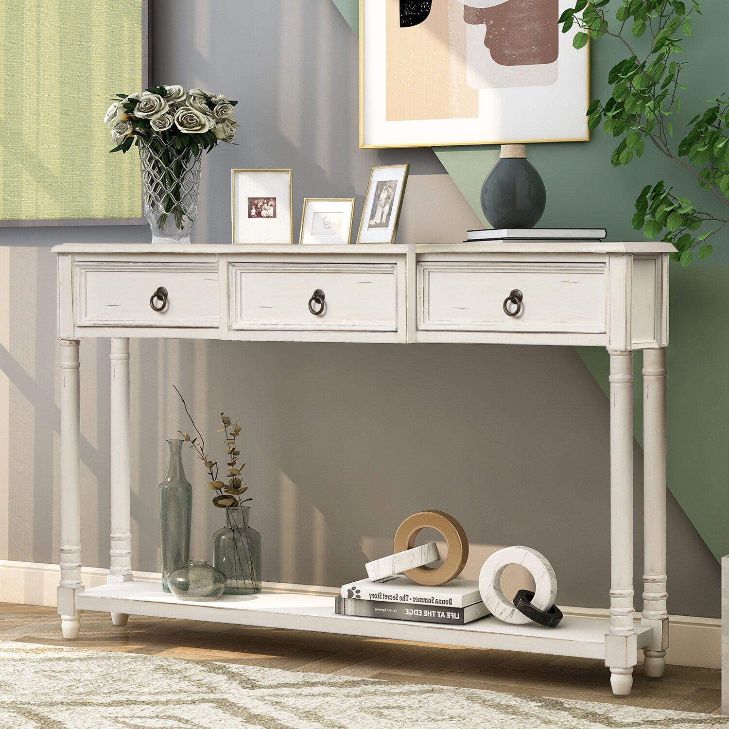 AHIOU HOME Contemporary White Console Table with 3 Drawers and Antique ...