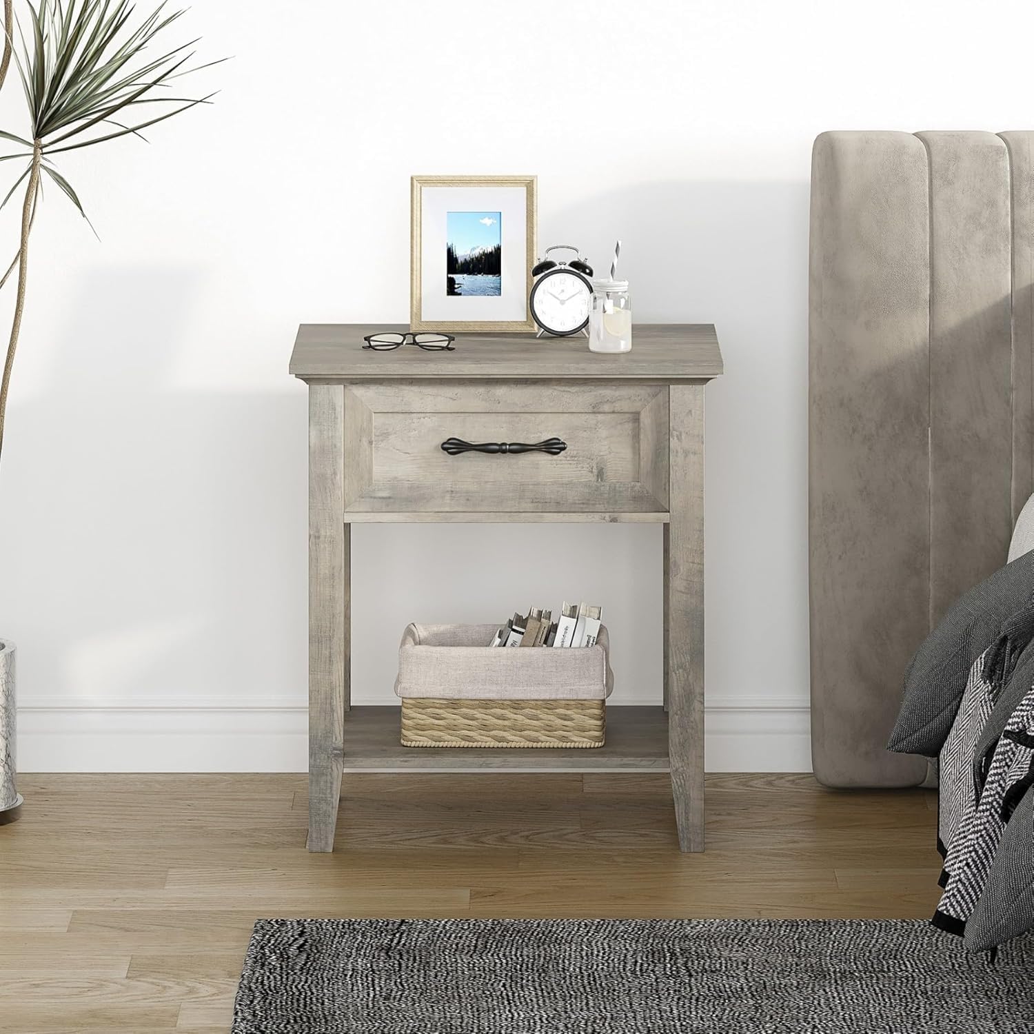 Qeetex WWJ-PHO-0W54UX7O Hapterouse Nightstands End Table with Drawer Side Table for Spaces 2 Tiers Storage Shelves with Dresser Bedside Table for Living Room Bedroom Dorm(2pcs-Grey)