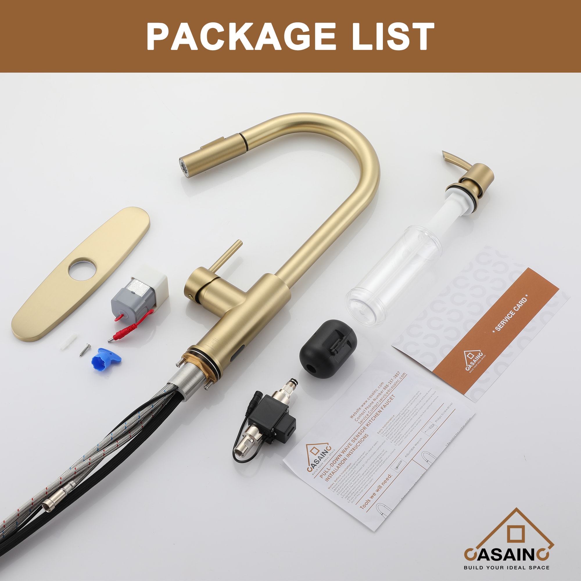 CASAINC Brushed Gold Single Handle Touchless Pull-out Kitchen Faucet ...