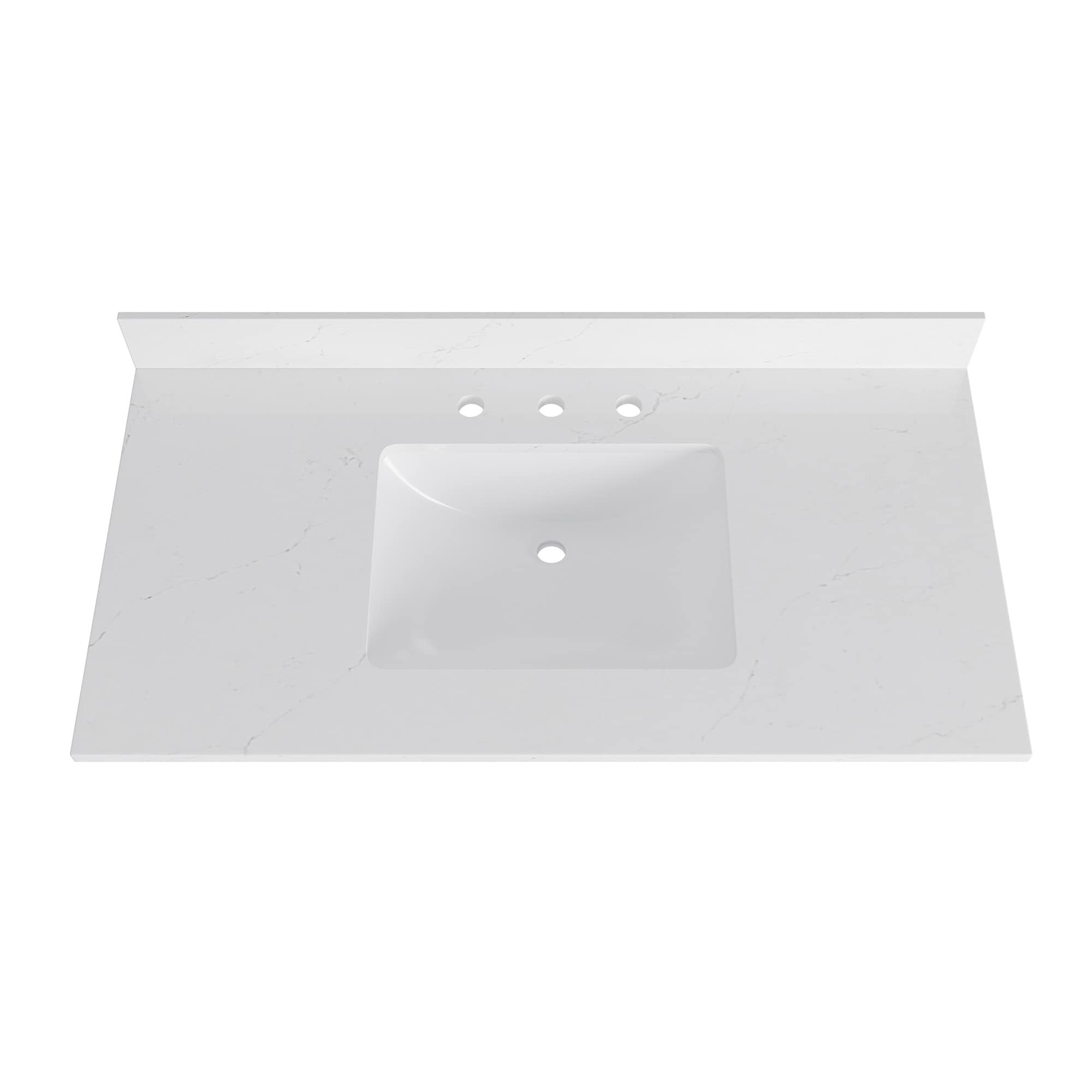 DELUXE LIVING VT0015 Bianco Bella 43-in x 22-in White Quartz Undermount Single Sink Widespread Faucet Mount Bathroom Vanity Top