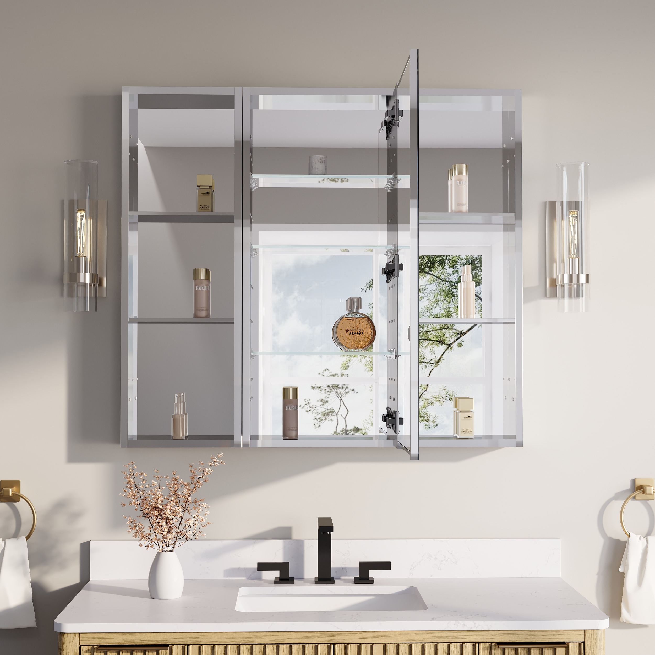 CALVON CLRO Medicine Cabinet 40-in x 36-in Surface/Recessed Mount Polished Chrome Mirrored Rectangle Soft Close Medicine Cabinet