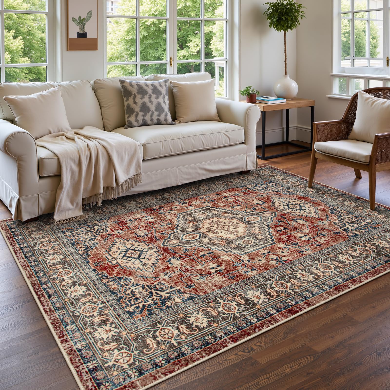 Lahome AR-DYR-071-R4 8 x 10 (ft) Red Persian Medallion Short Pile Velvet Rectangular Indoor Area Rug