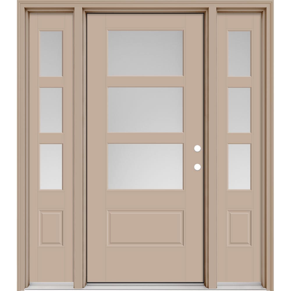 Masonite 630503 Performance Door System 64-in x 80-in x 4-9/16-in Fiberglass 3/4 lite Left-hand inswing Sandy Shore Painted Prehung Front Door with Sidelights with Brickmould Insulating core with Grilles