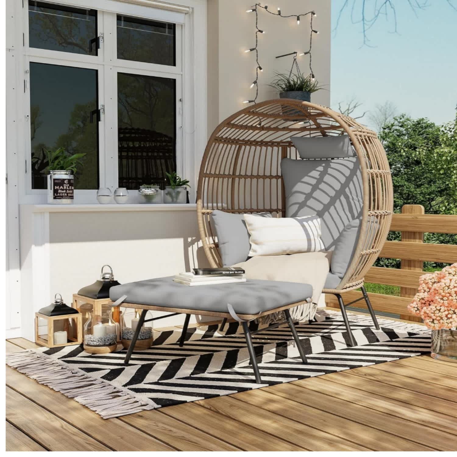 Qeetex LSHQQPHO-16LQDJN3 Oversized Egg Chair with Footstool Rattan Lounge Chair with Thick Cushion for Patio Porch Garden Backyard