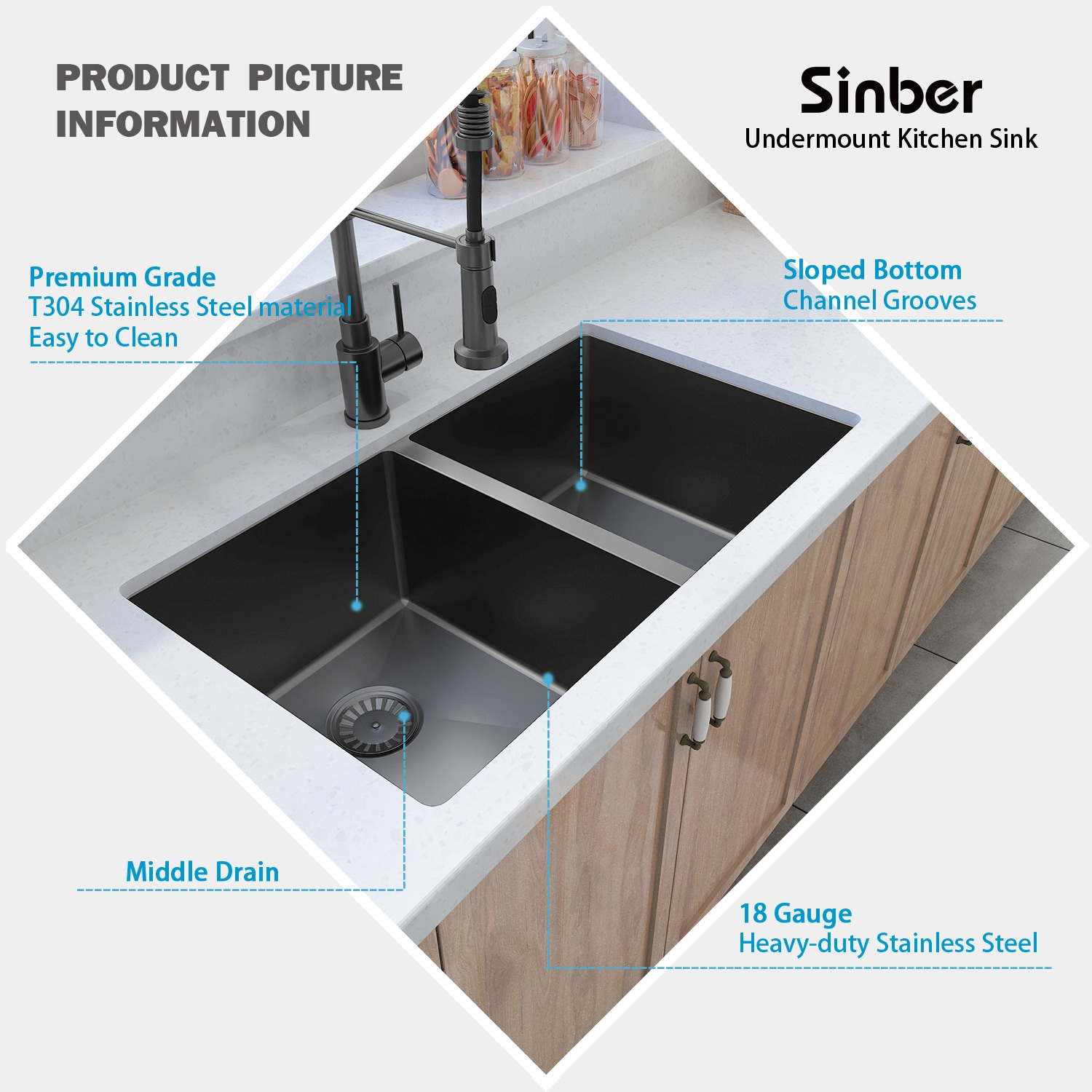 Sinber 32" Black Stainless Steel Double Bowl Undermount Kitchen Sink