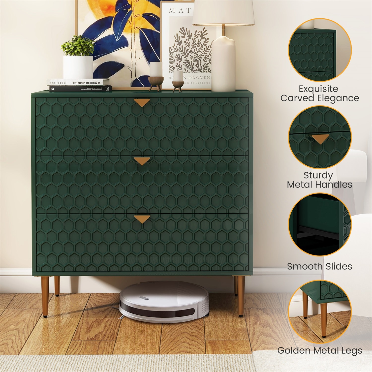Green Honeycomb Pattern 3-Drawer Freestanding Office Cabinet