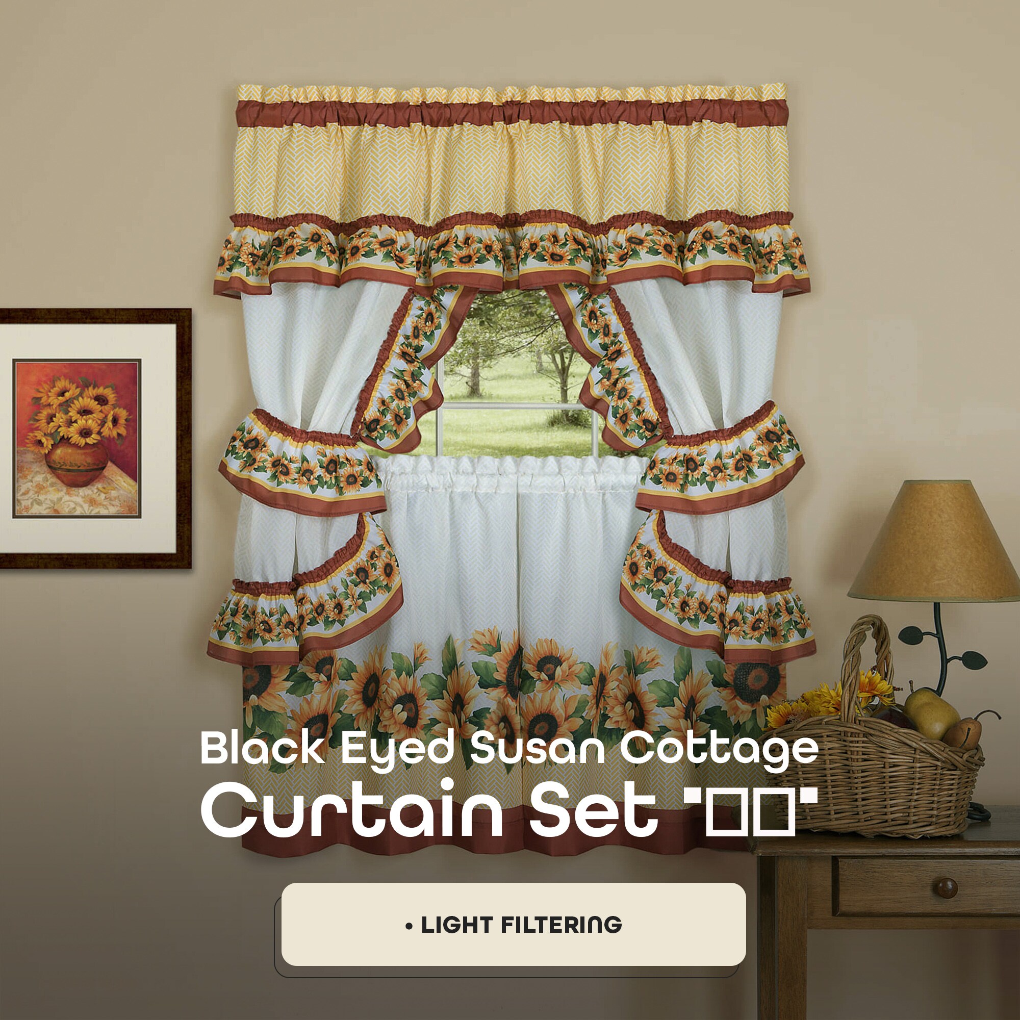 Black and Yellow Floral Polyester Tier Curtains