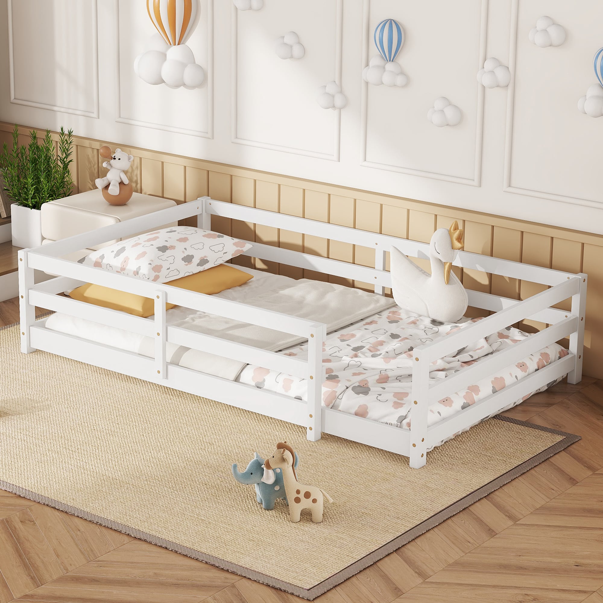 LOVMOR SF-Y-W1820P235710 Twin Size Floor Bed Montessori Floor Bed with Fence Kids Montessori Bed Twin Size Wood Montessori Floor Bed for Kids Girls Boys in White