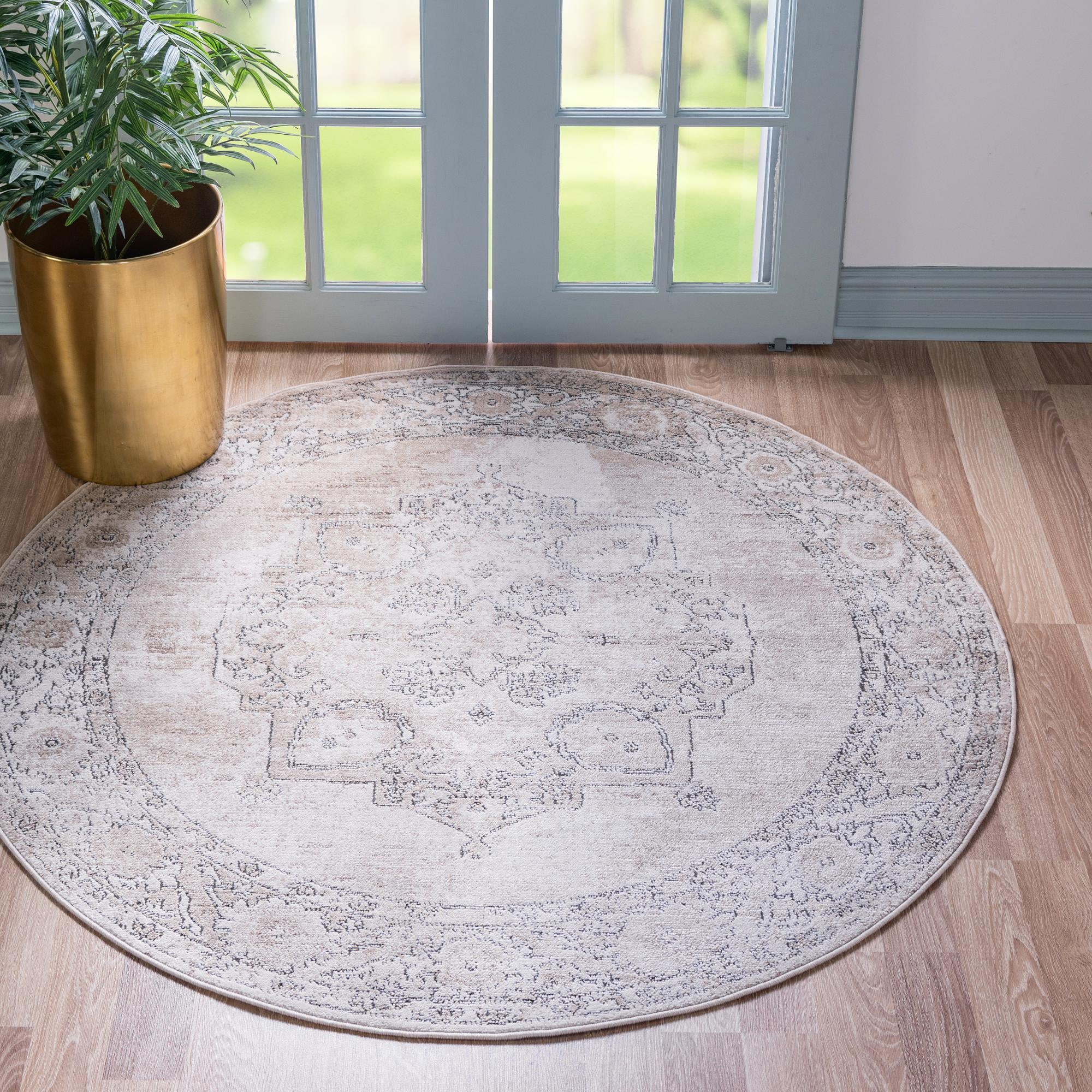 Unique Loom 3147310 Portland 5 x 5 (ft) Loomed Polypropylene Ivory Round Indoor Medallion Area rug