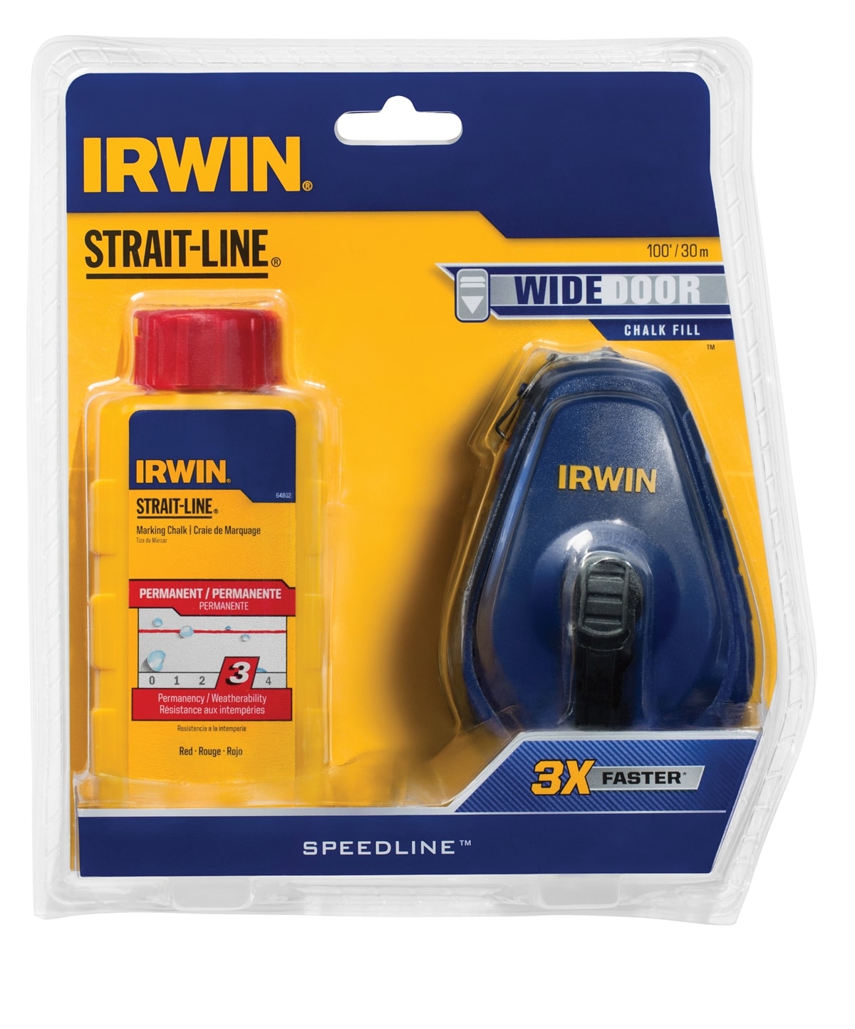 Strait-line chalk line reel with 3 containers of marking chalk