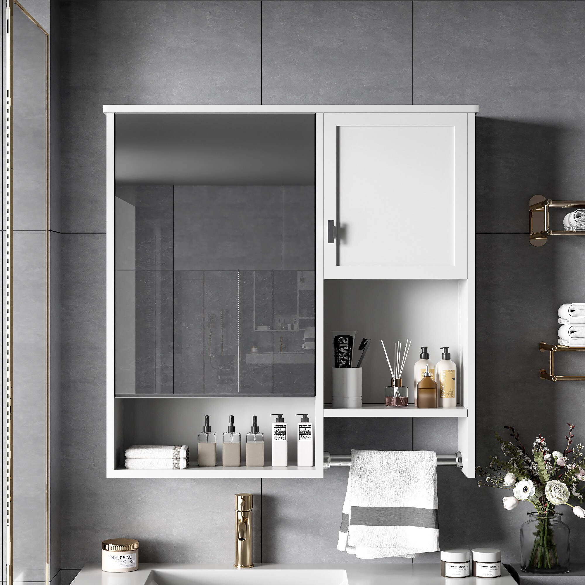 Homy Casa 29-in W White Wall Mounted Adjustable Shelves and Glass Bathroom Medicine Cabinet