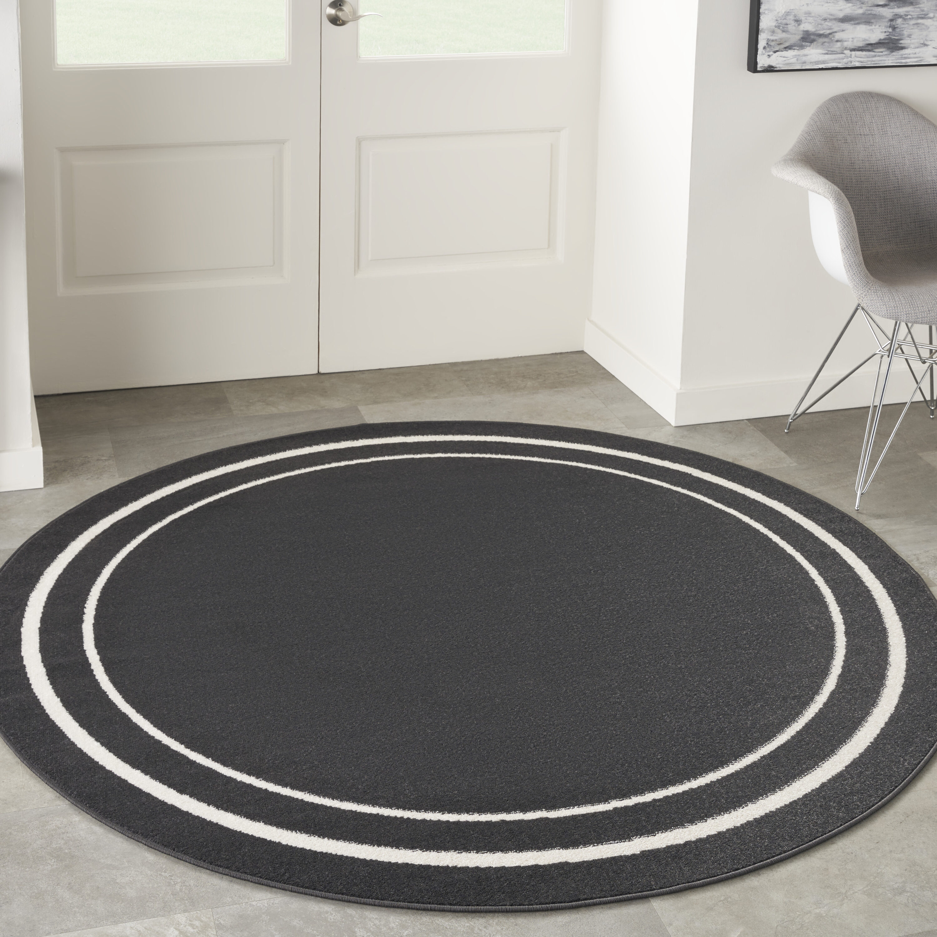 Nourison 099446137579 Essentials 6 x 6 (ft) Loomed Polypropylene Black Ivory Round Indoor/Outdoor Area rug