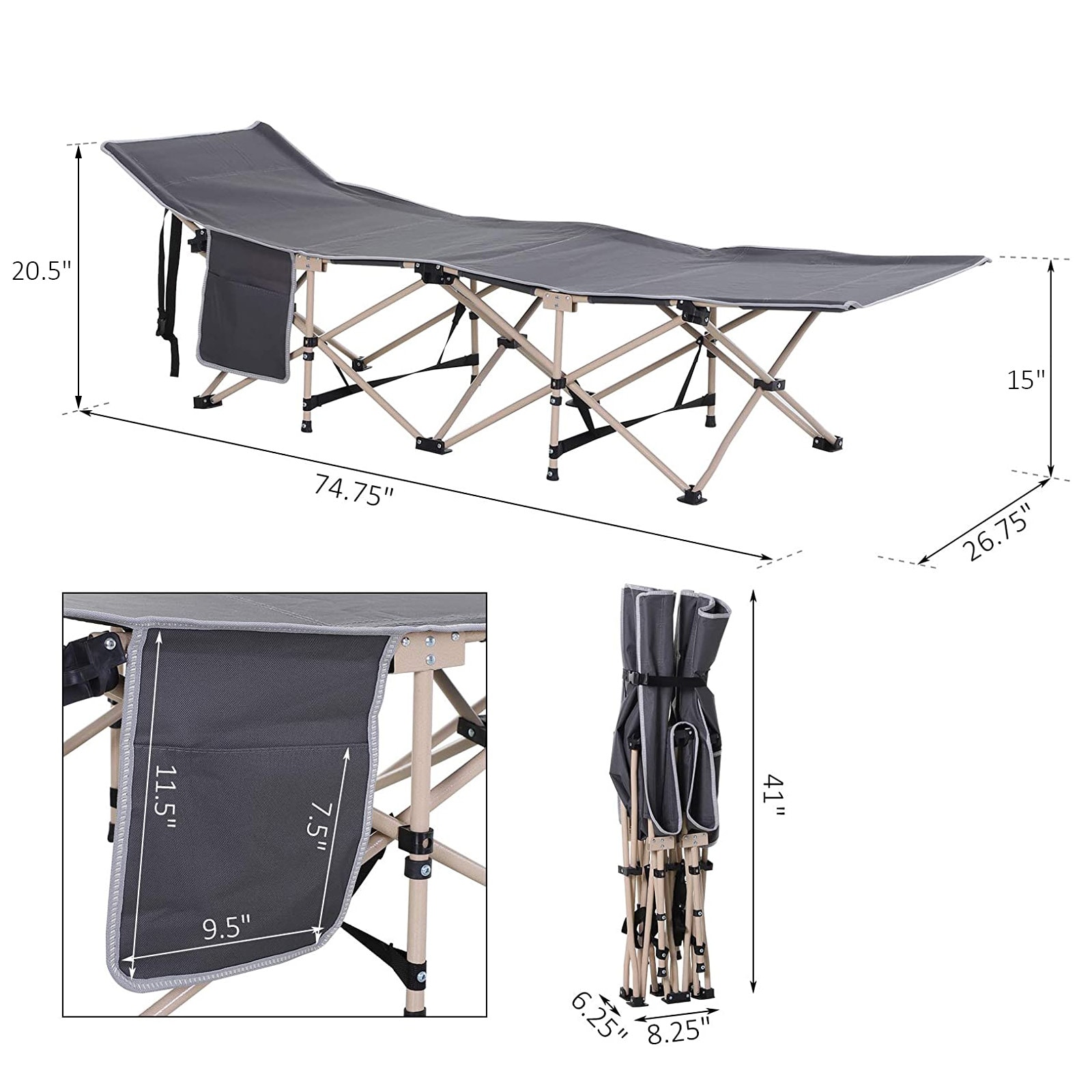 Yaheetech Camp Bed Folding Single Camping Bed with Storage Bag for Adults/Kids/Children/Fishing/Outdoor/Indoor/Tent Gray 