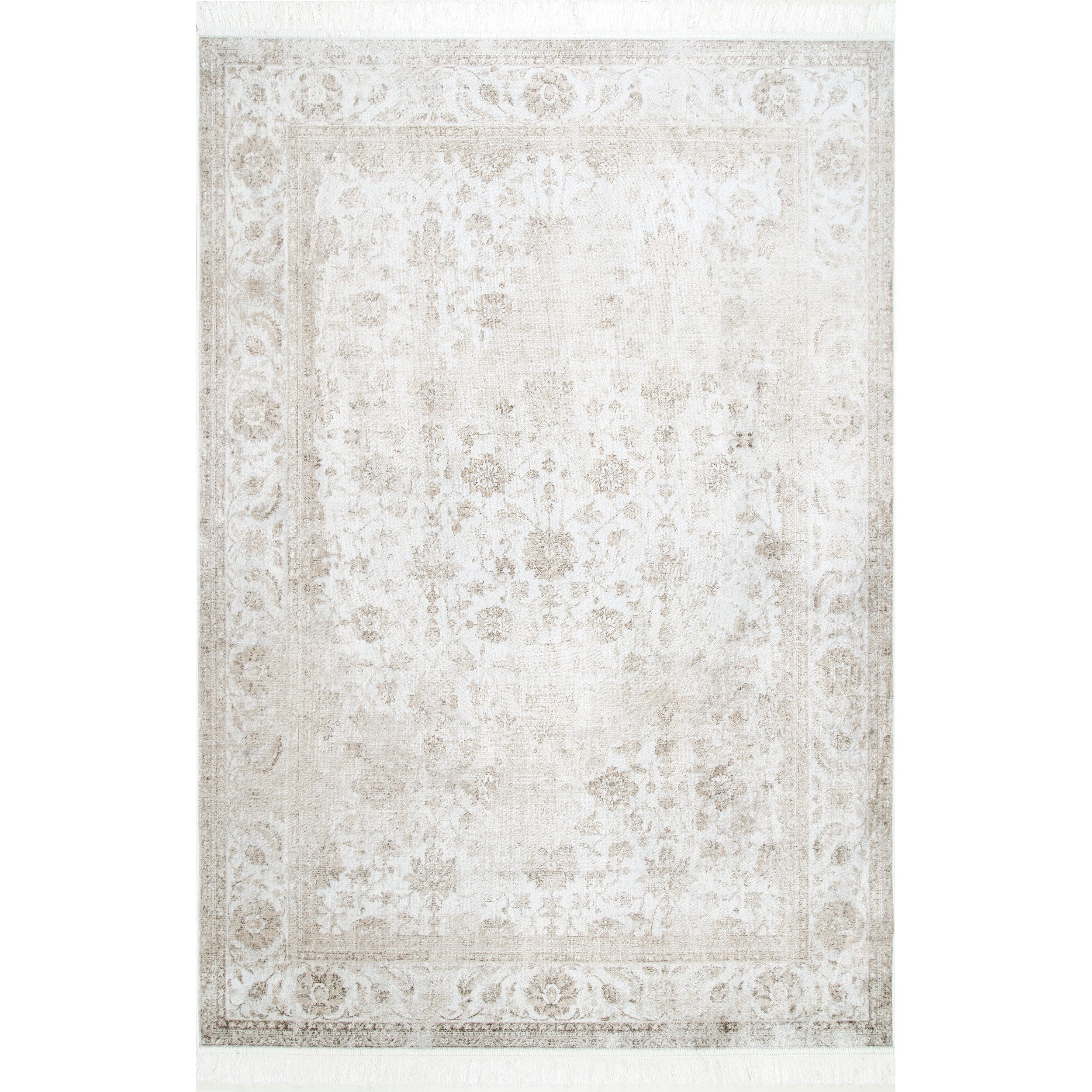Ivory Floral Rectangular Viscose Area Rug with Fringe, 5' x 8'