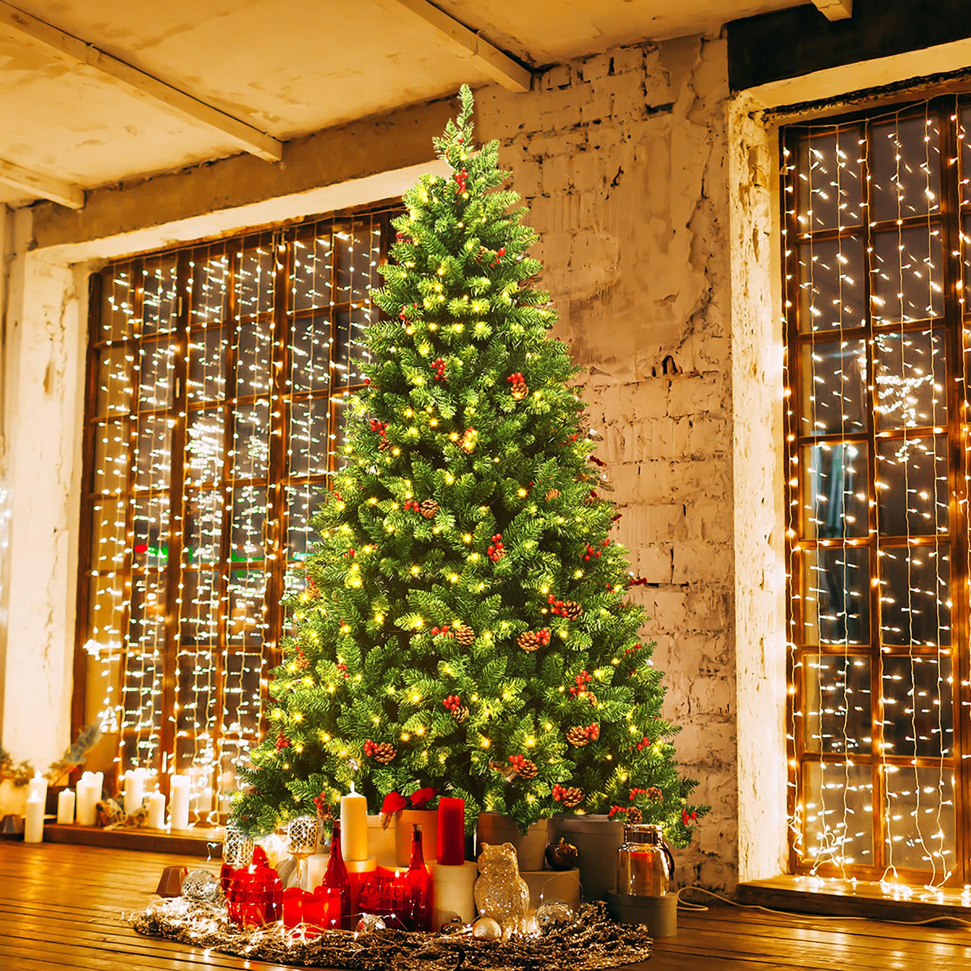 7.5' Green PVC Spruce Christmas Tree with Pine Cones and LED Lights