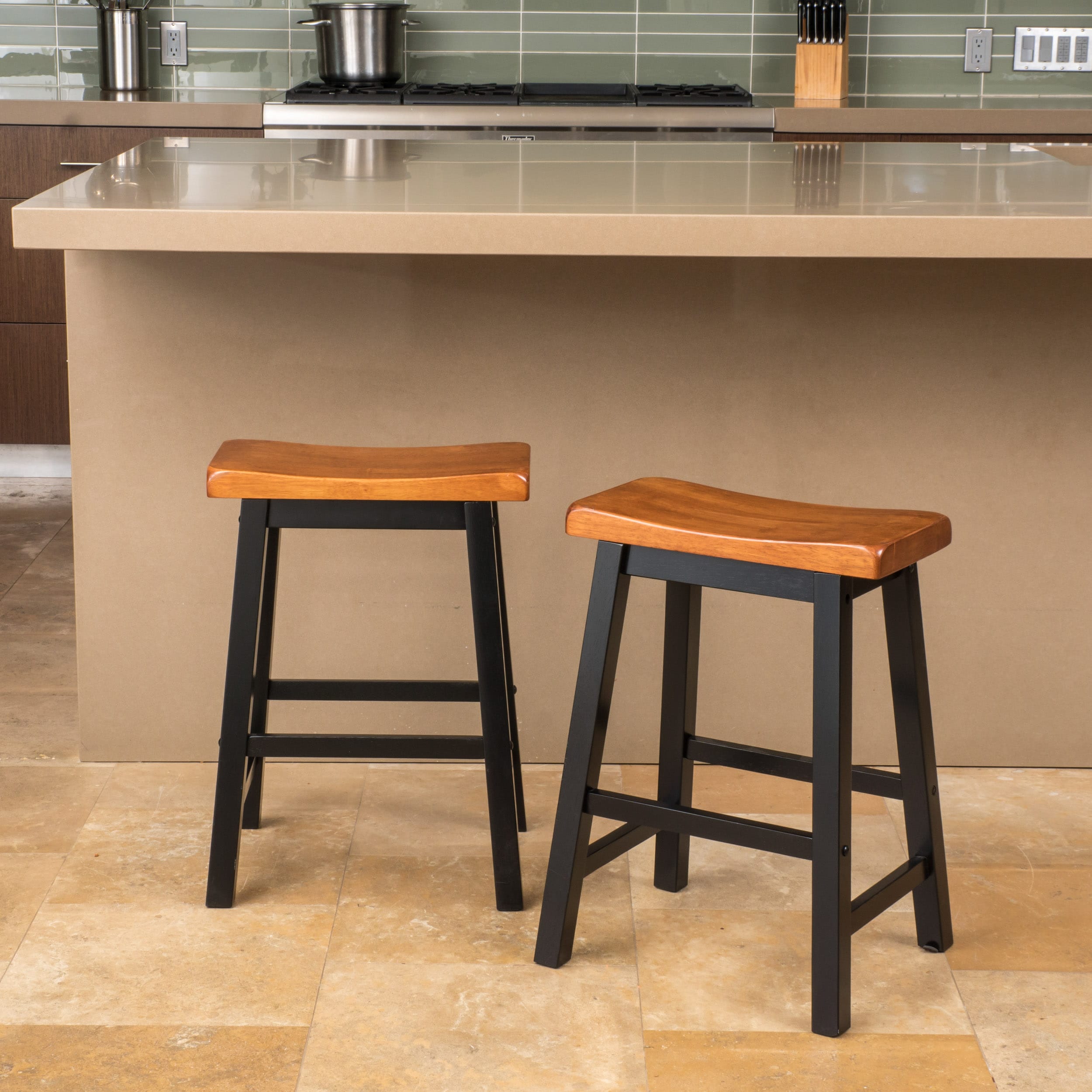 Brown and Black Wooden Saddle Style Backless Counter Stools, 24-Inch Height