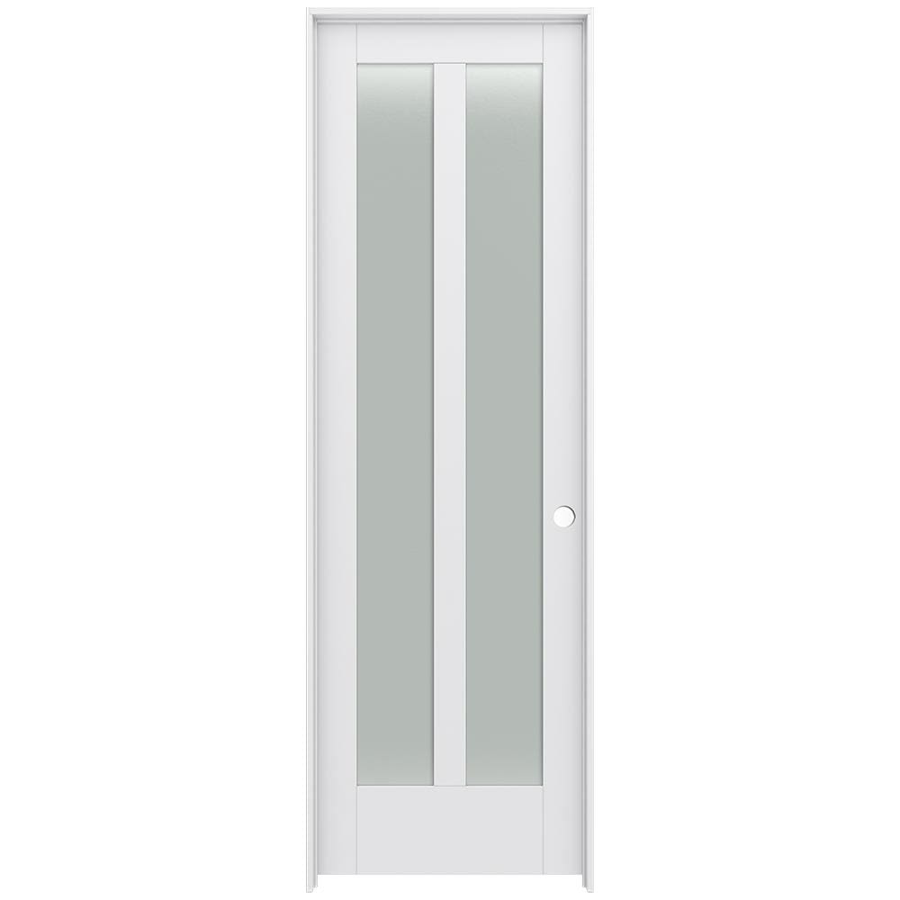 JELD-WEN LOWOLJW221100717 24-in x 96-in Primed Solid core 2-panel square Frosted glass Left hand Smooth Primed MDF Flat Jamb Single Prehung Interior Door
